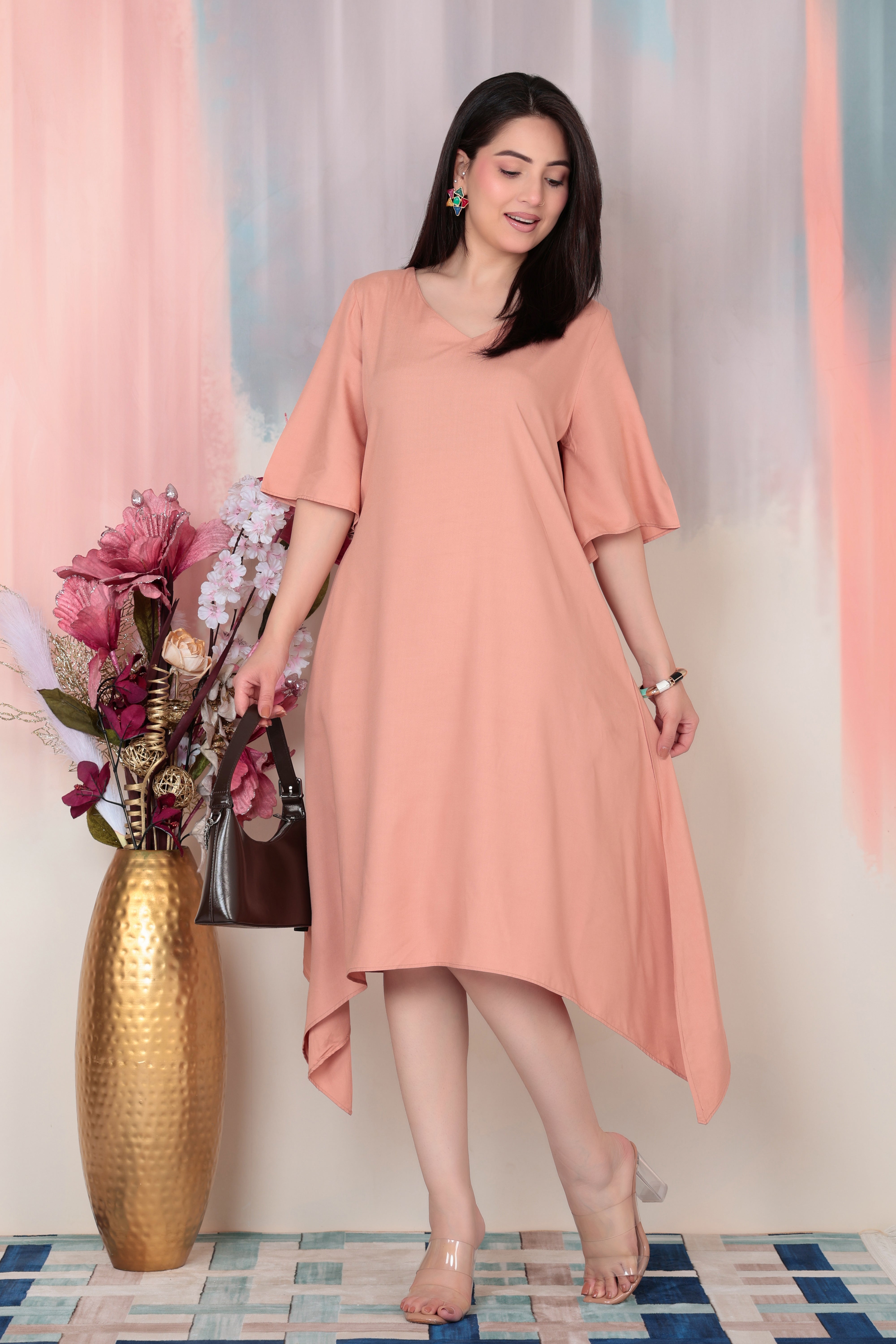 Camel v-neck line dress with sleeves [ Premium 100% Rayon, Liva Certified ]