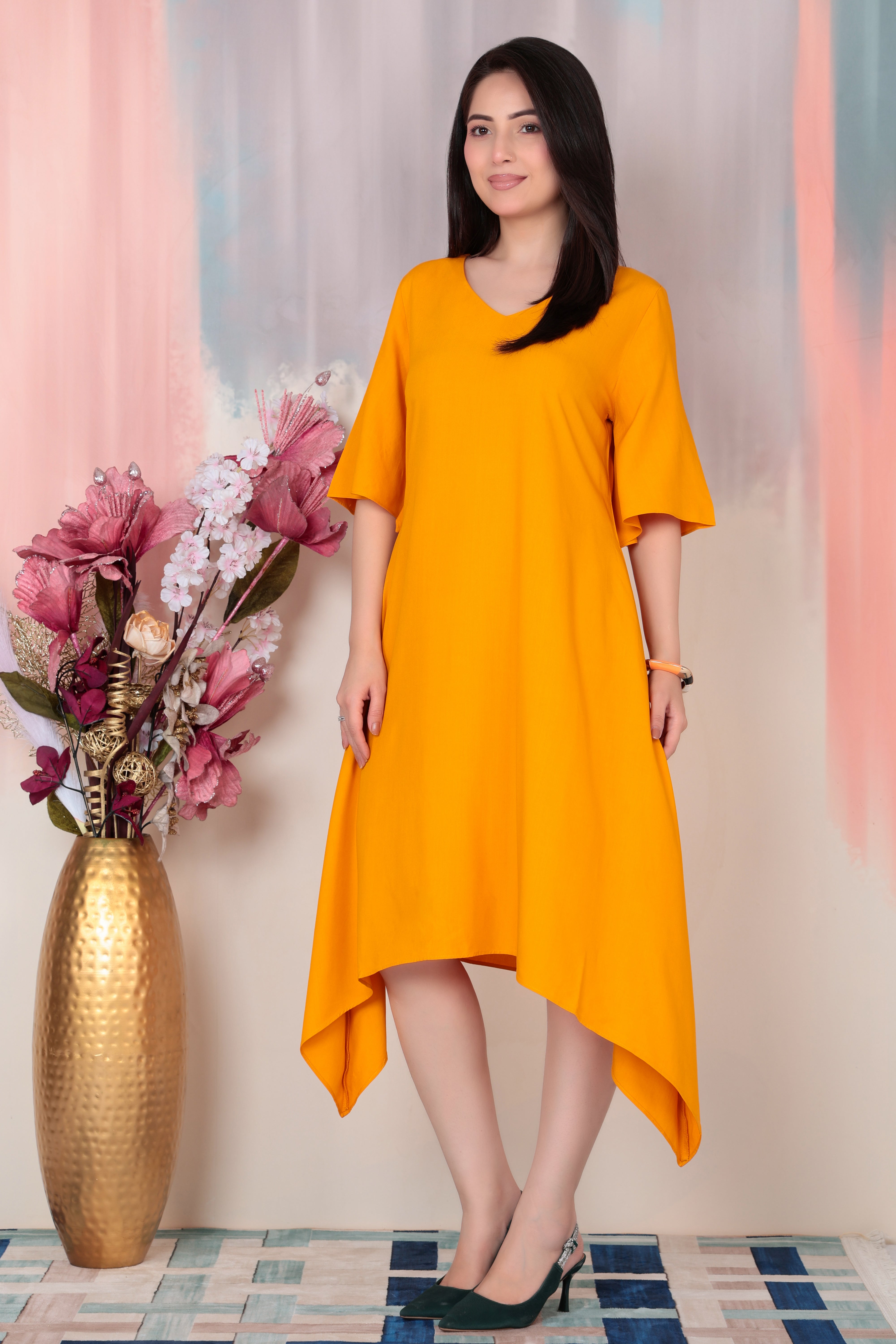 Mustard v-neck line dress with sleeves [ Premium 100% Rayon, Liva Certified ]