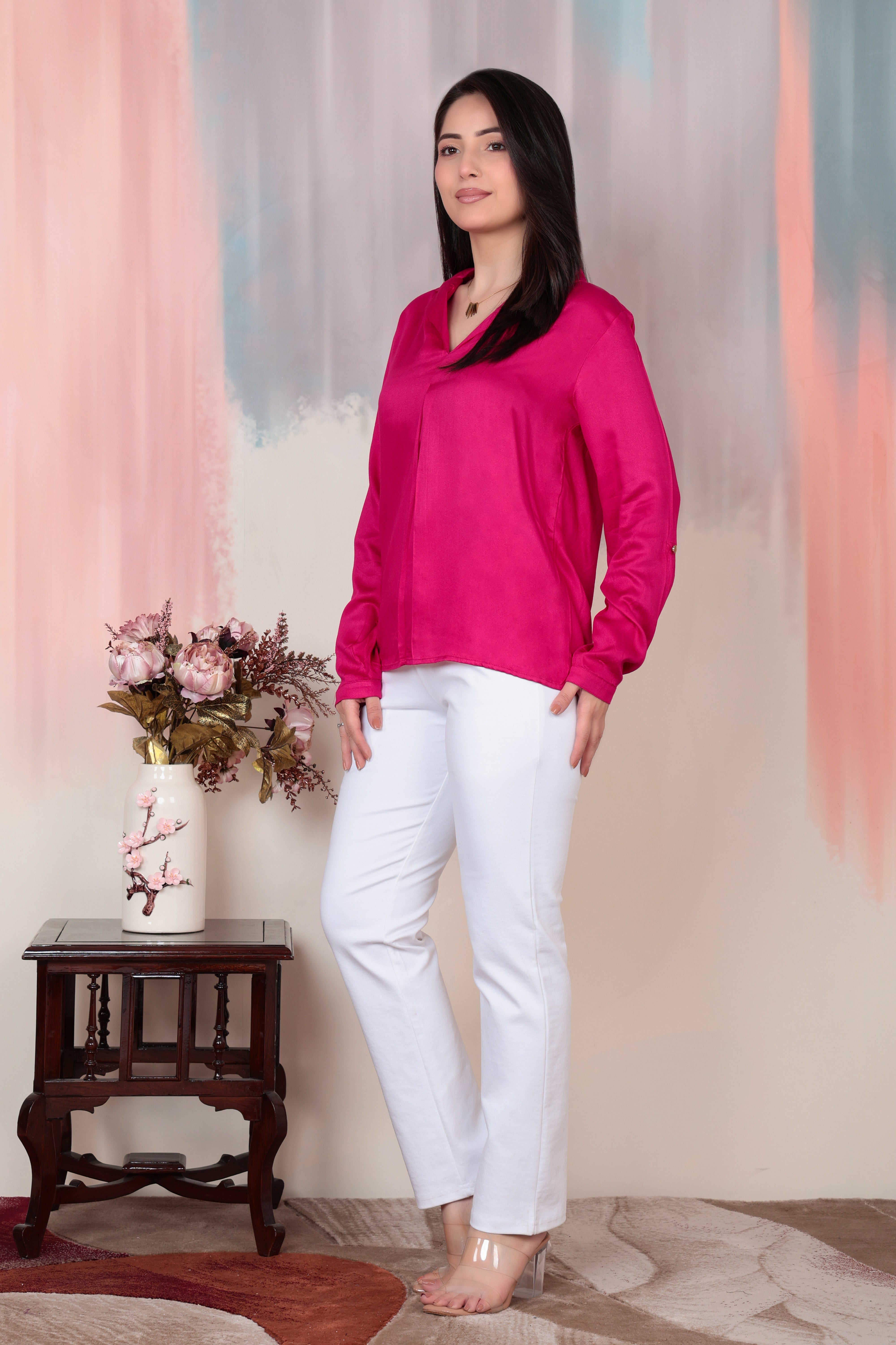 Magenta Lapel collar satin top