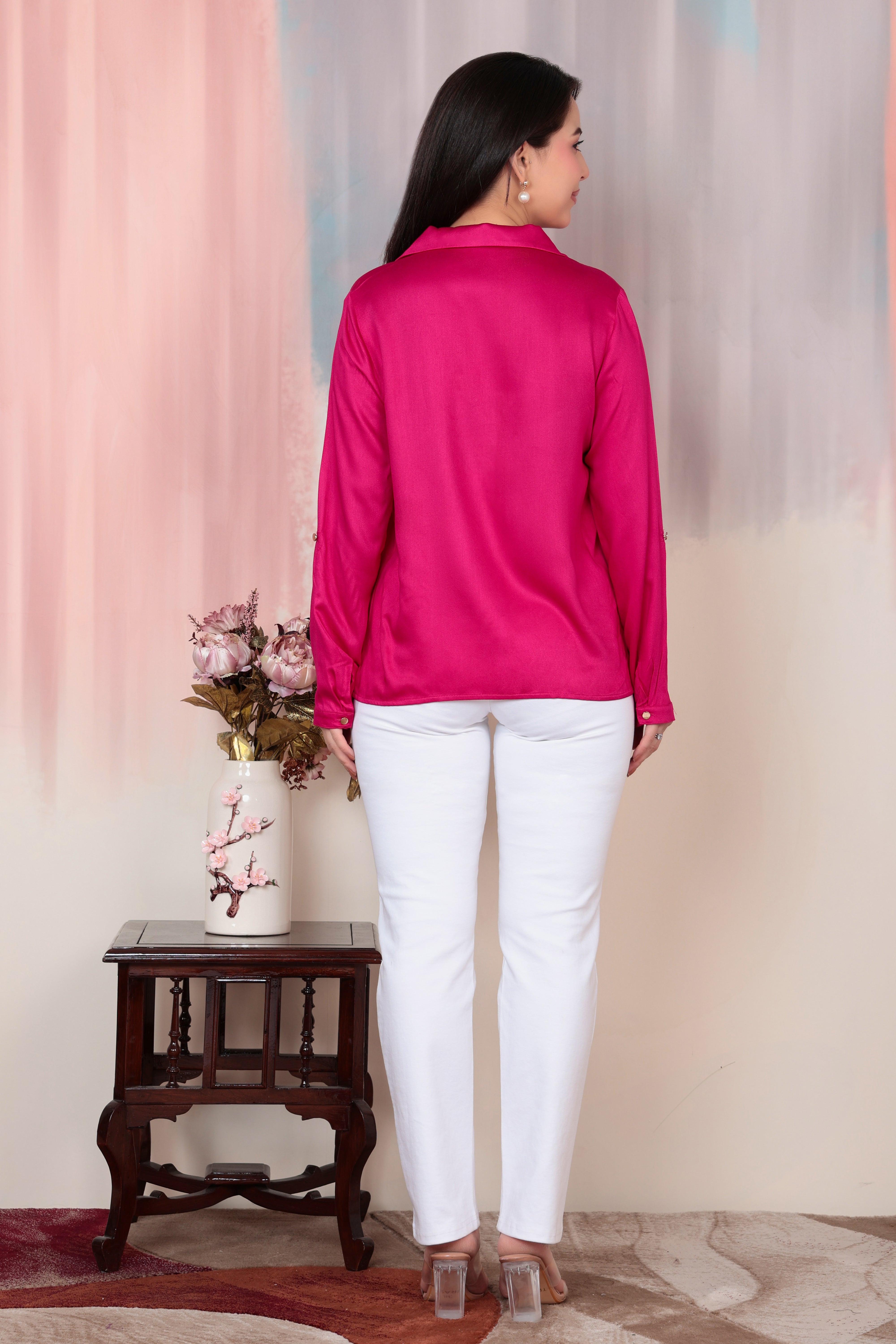 Magenta Lapel collar satin top