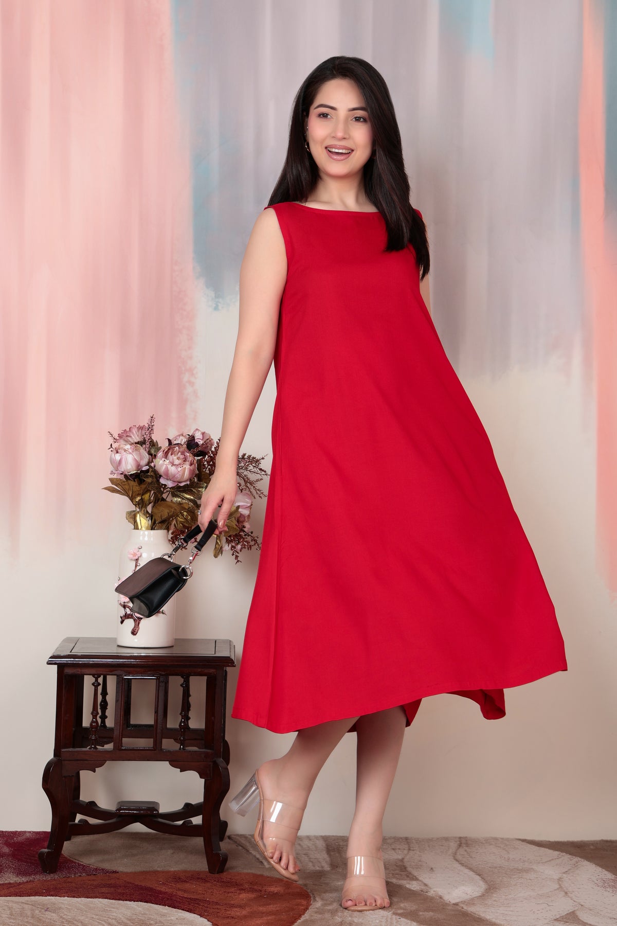Tomato red rayon flare dress with pocket [ Premium 100% Rayon, Liva Certified ]