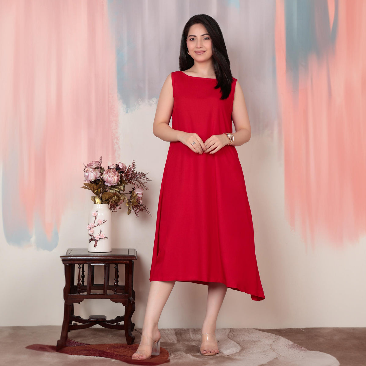 Tomato red rayon flare dress with pocket [ Premium 100% Rayon, Liva Certified ]