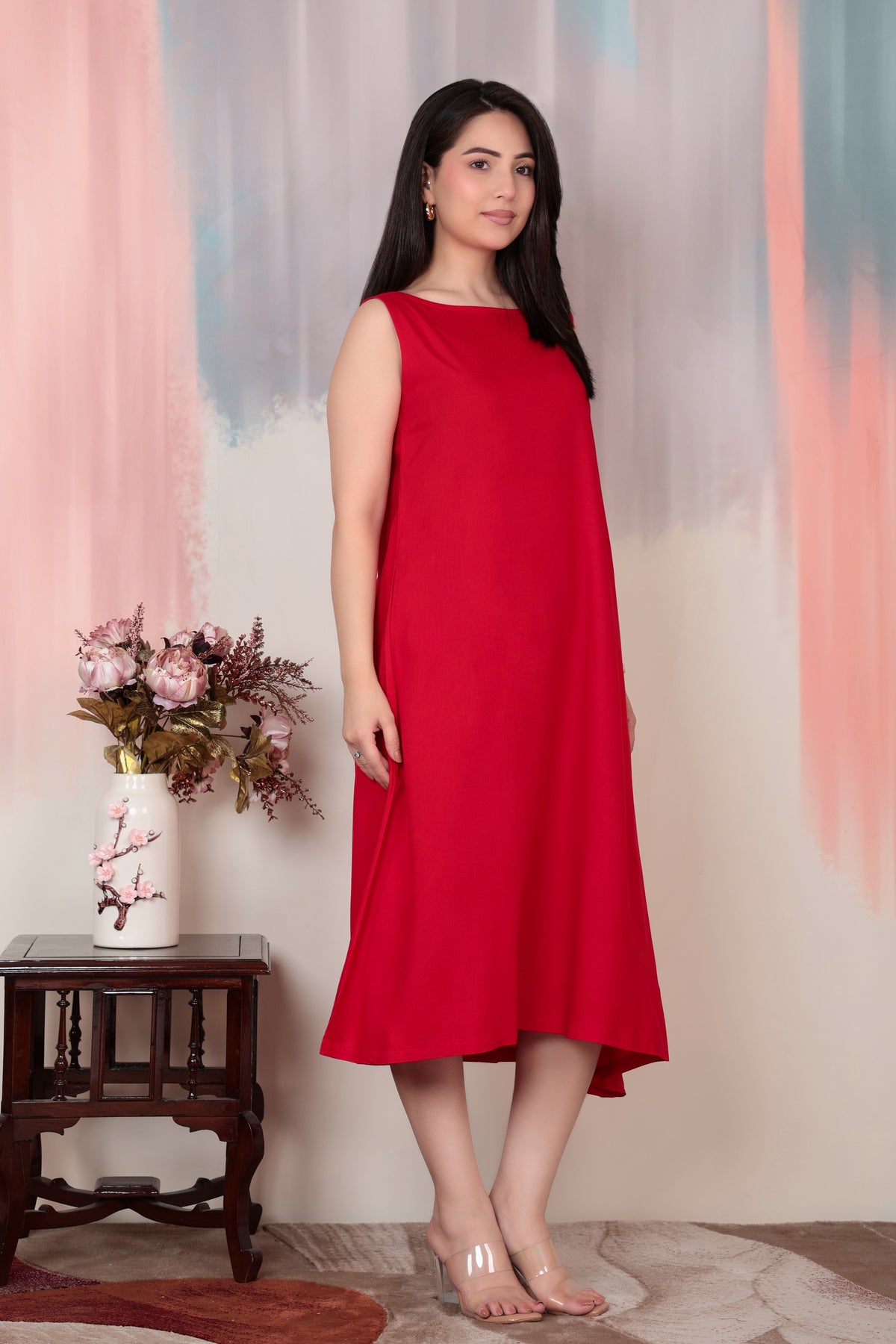 Tomato red rayon flare dress with pocket [ Premium 100% Rayon, Liva Certified ]
