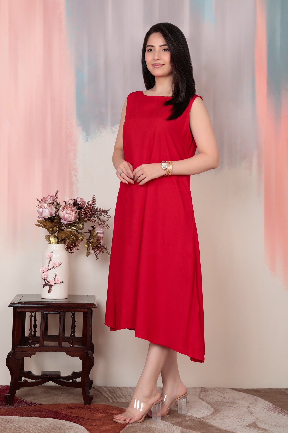 Tomato red rayon flare dress with pocket [ Premium 100% Rayon, Liva Certified ]