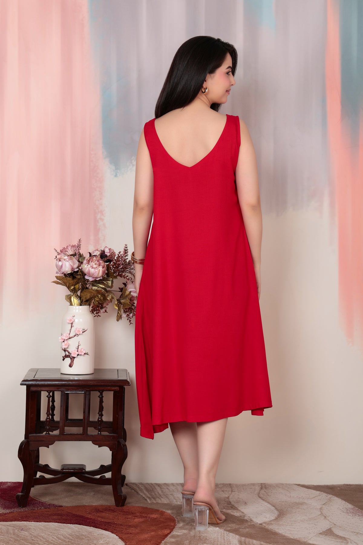Tomato red rayon flare dress with pocket [ Premium 100% Rayon, Liva Certified ]