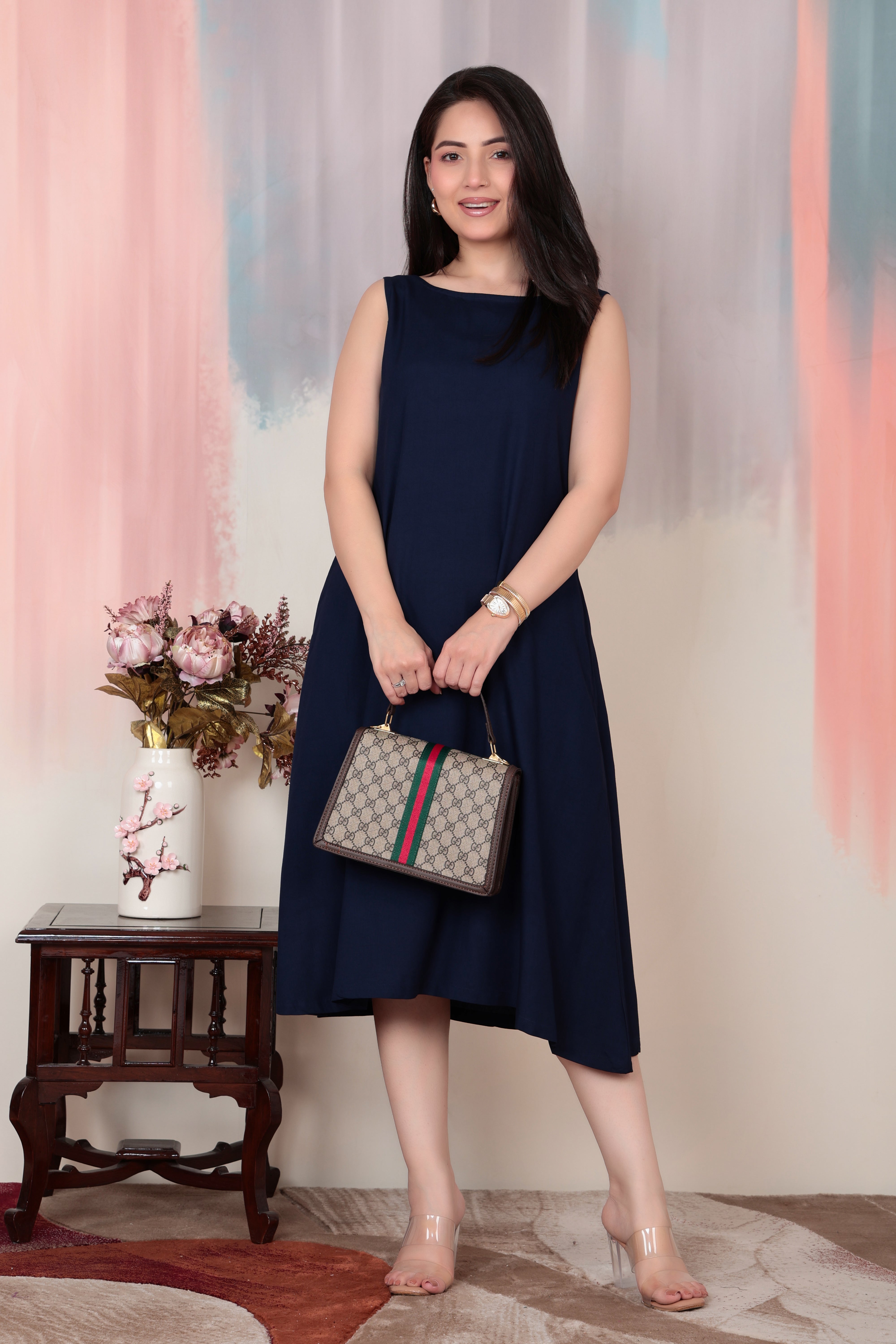 Navy rayon flare dress with pocket [ Premium 100% Rayon, Liva Certified ]