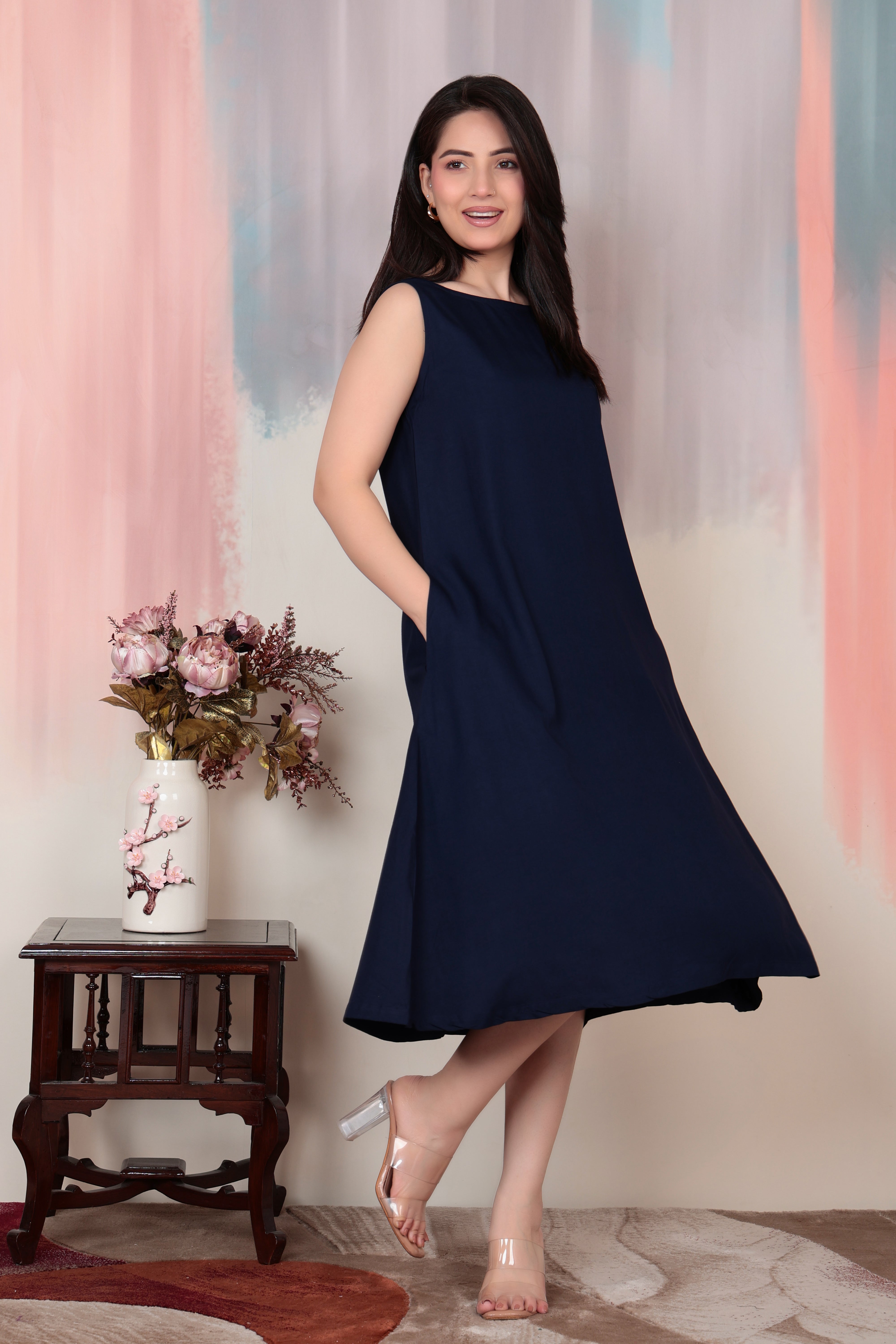 Navy rayon flare dress with pocket [ Premium 100% Rayon, Liva Certified ]