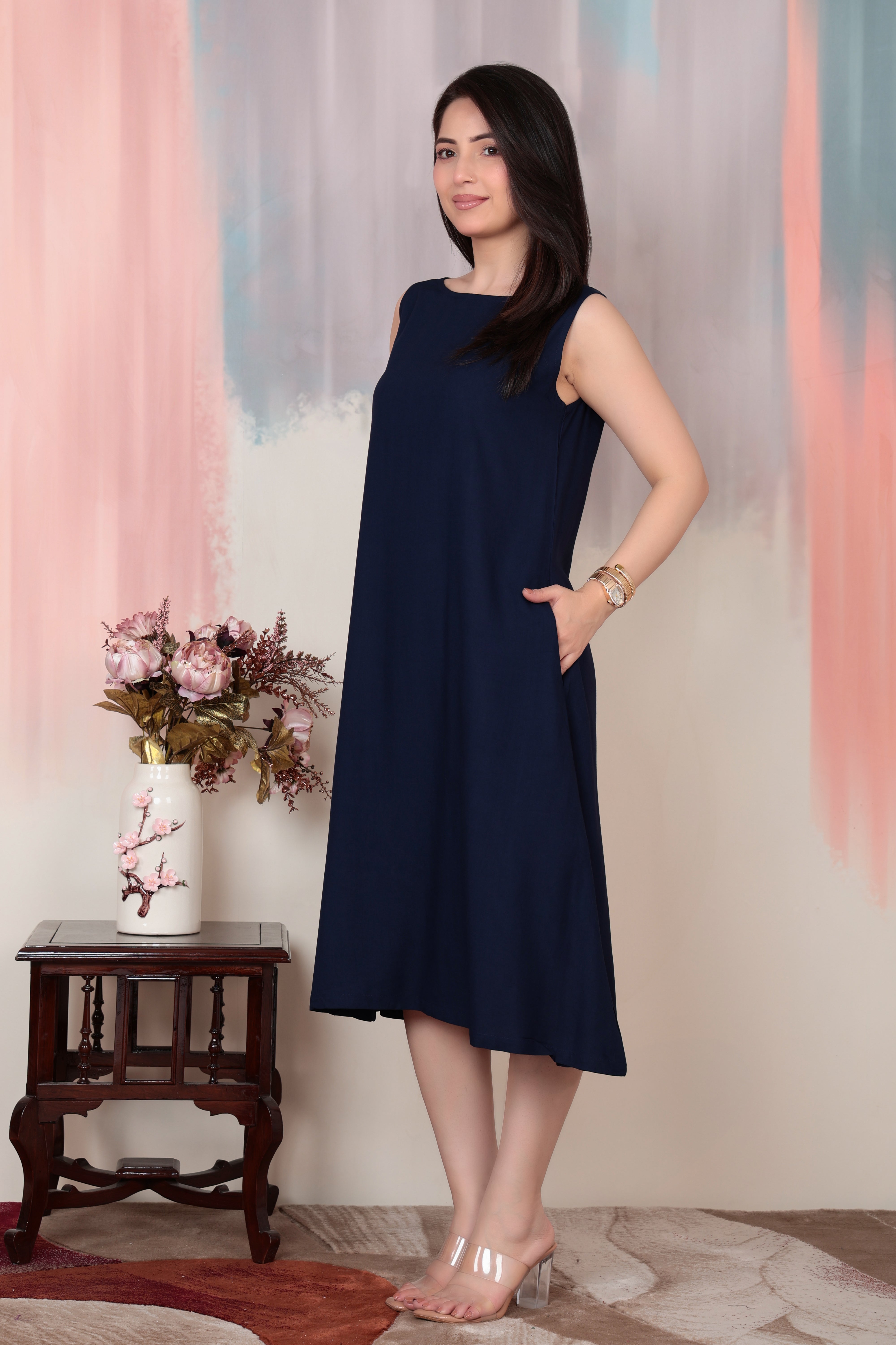 Navy rayon flare dress with pocket [ Premium 100% Rayon, Liva Certified ]