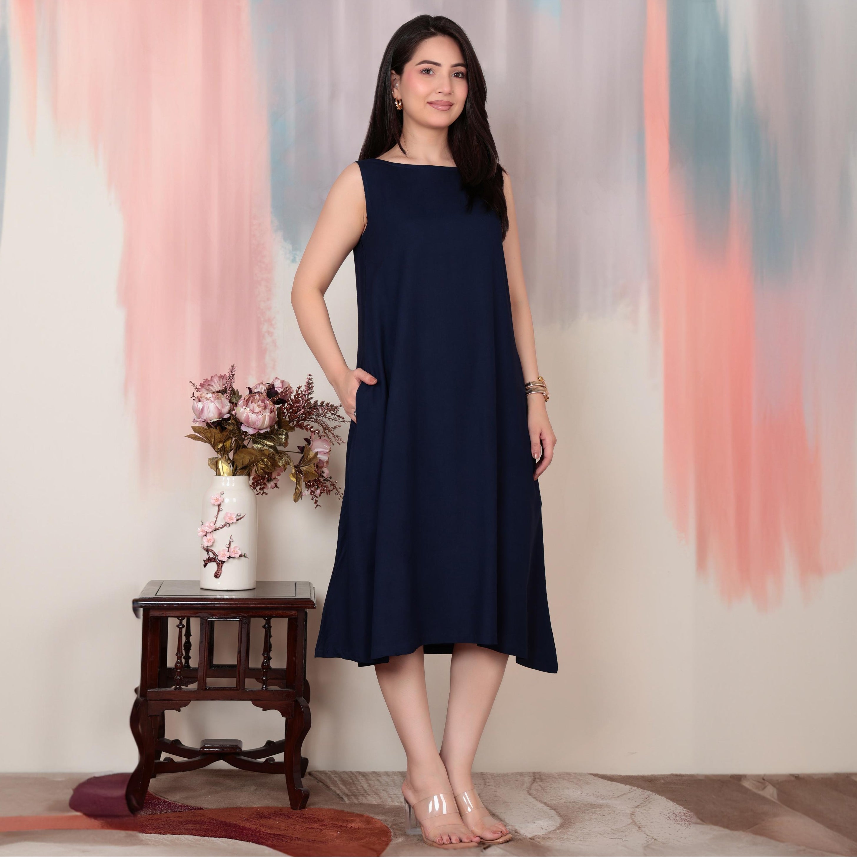 Navy rayon flare dress with pocket [ Premium 100% Rayon, Liva Certified ]