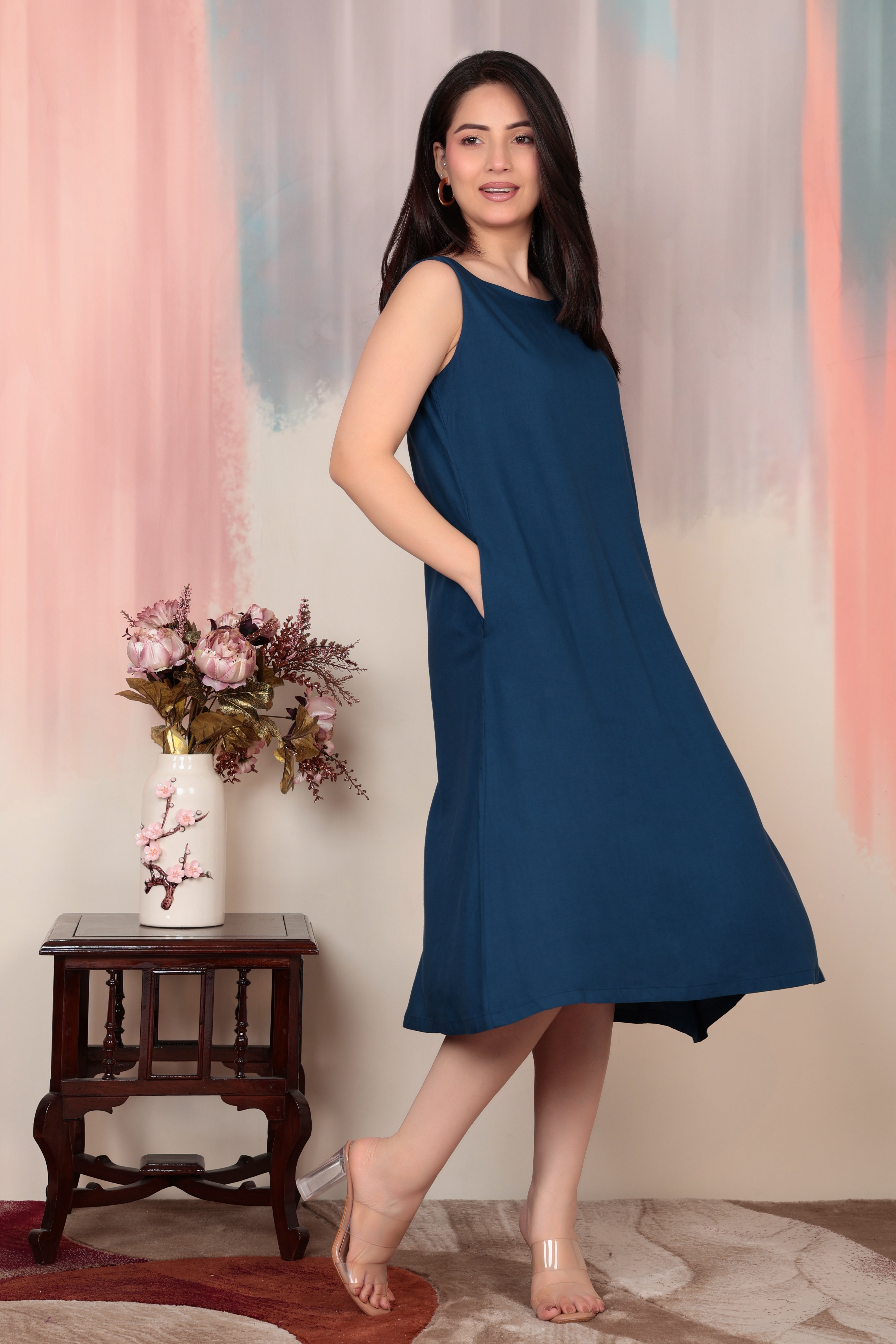Indigo blue rayon flare dress with pocket [ Premium 100% Rayon, Liva Certified ]