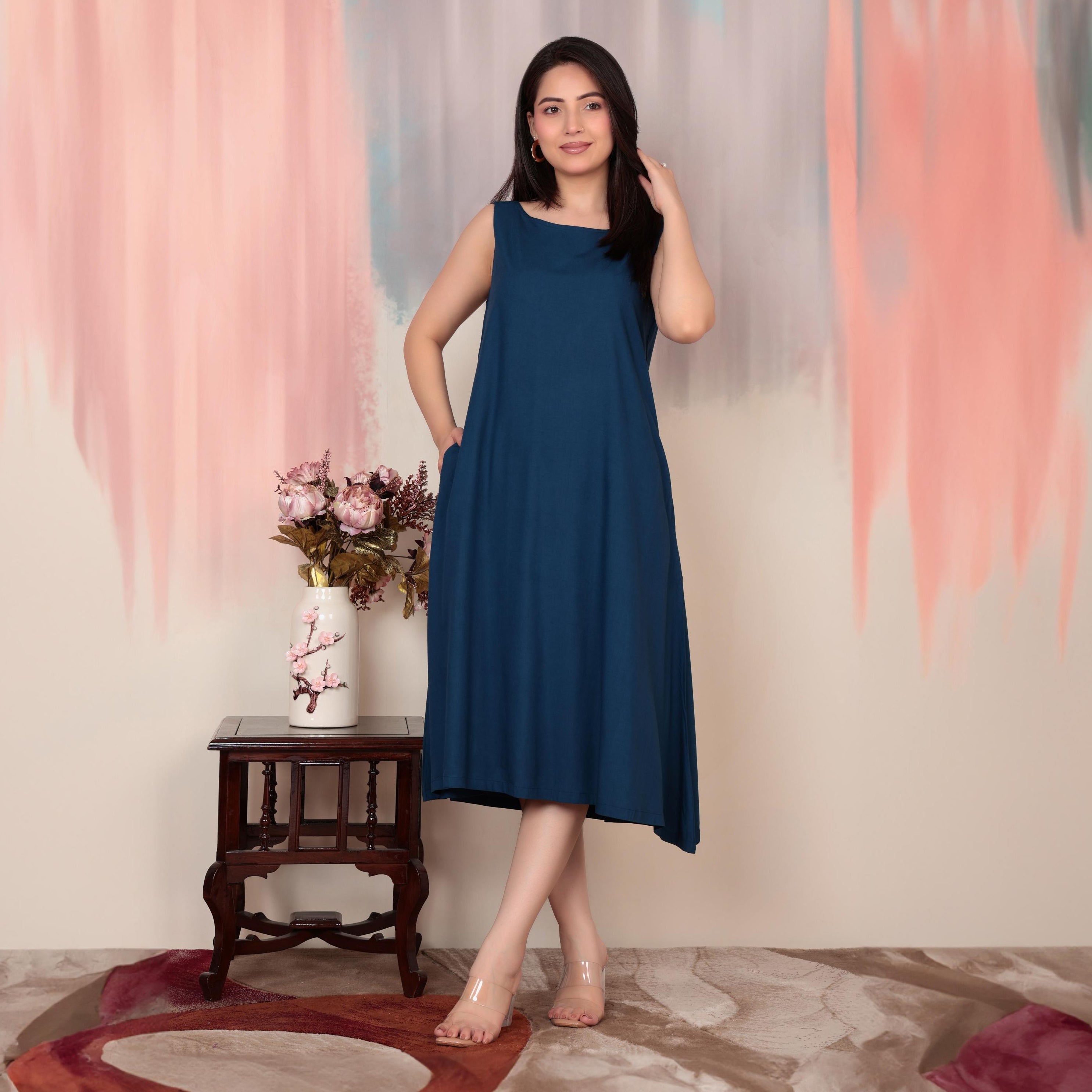 Indigo blue rayon flare dress with pocket [ Premium 100% Rayon, Liva Certified ]