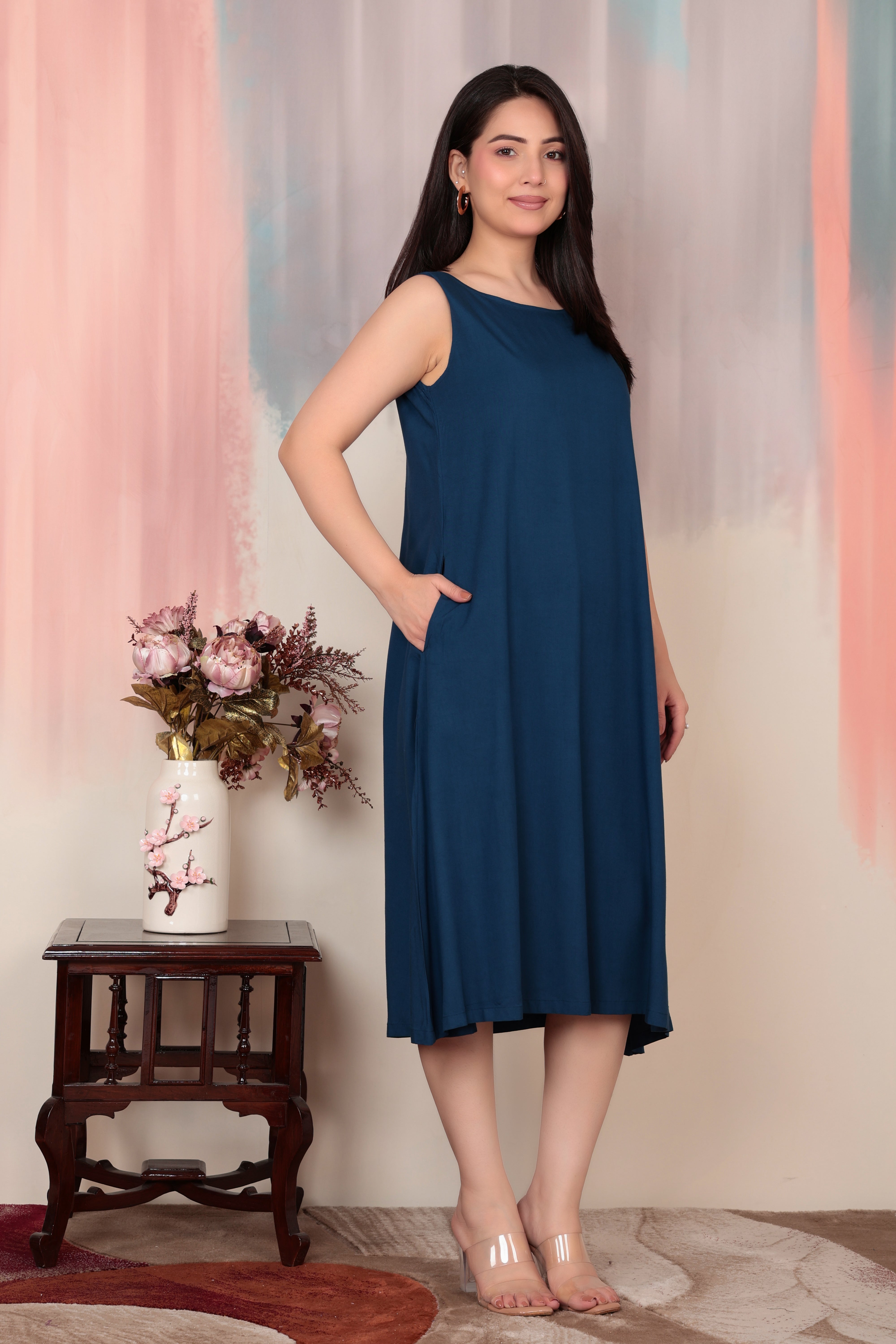Indigo blue rayon flare dress with pocket [ Premium 100% Rayon, Liva Certified ]