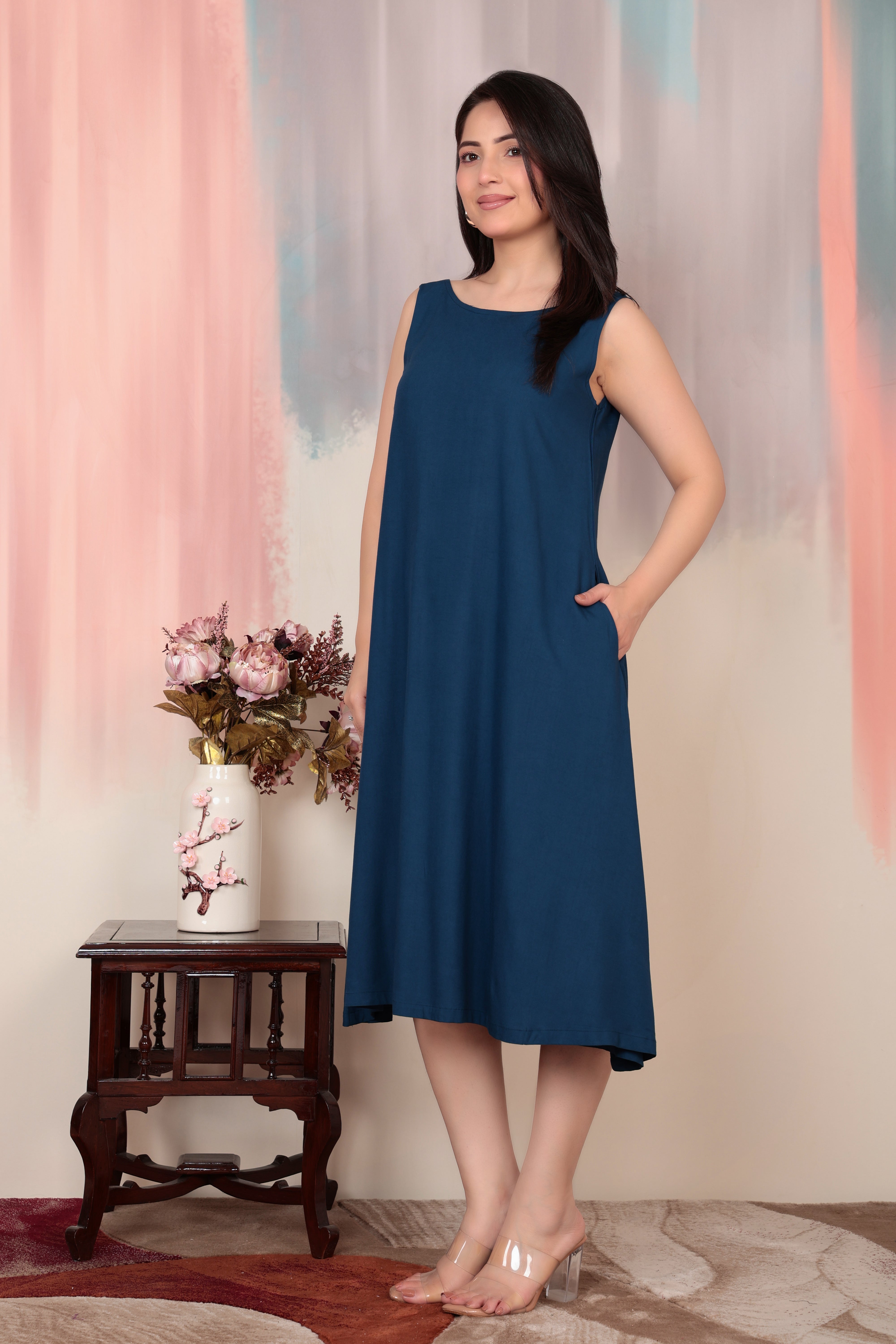 Indigo blue rayon flare dress with pocket [ Premium 100% Rayon, Liva Certified ]