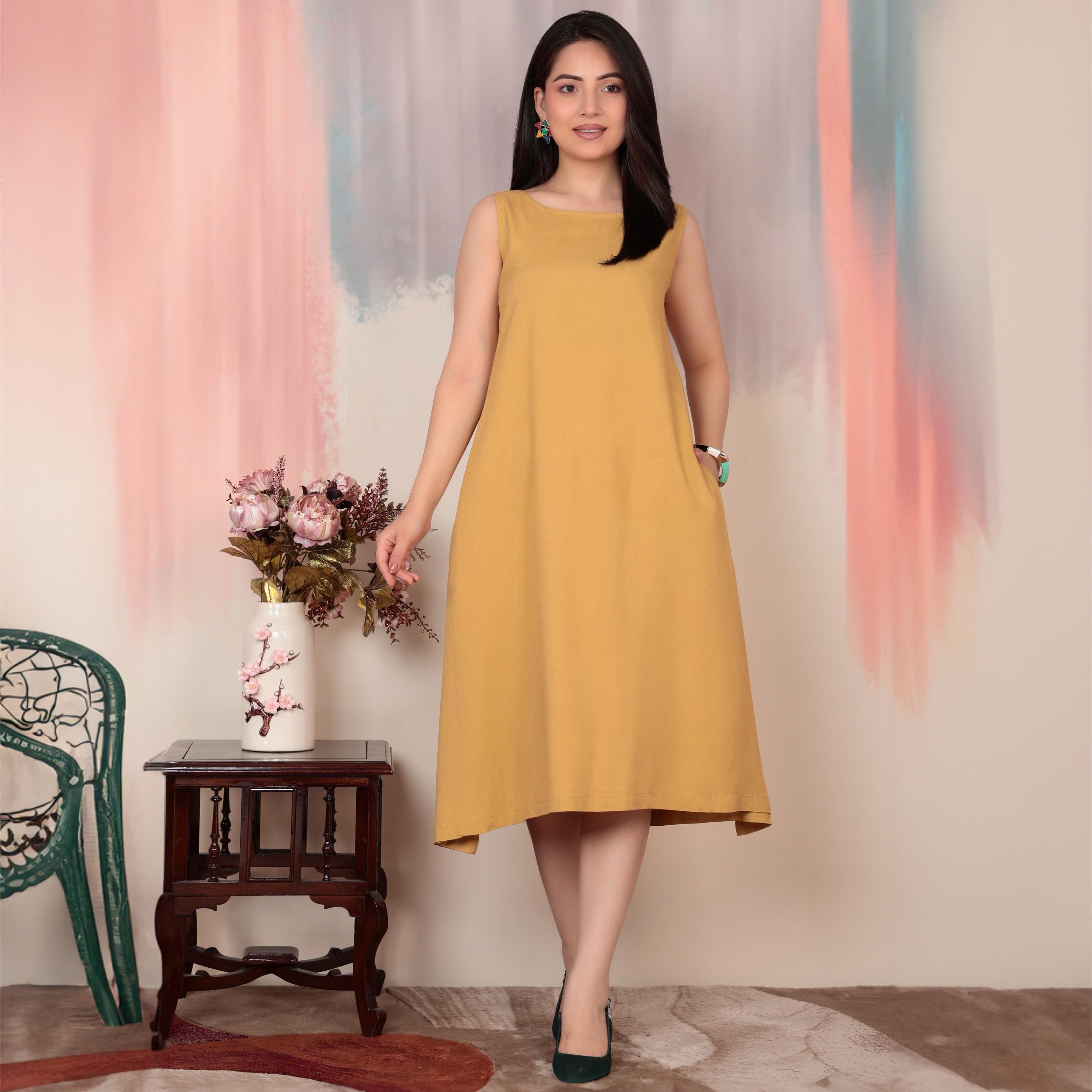 Beige rayon flare dress with pocket [ Premium 100% Rayon, Liva Certified ]