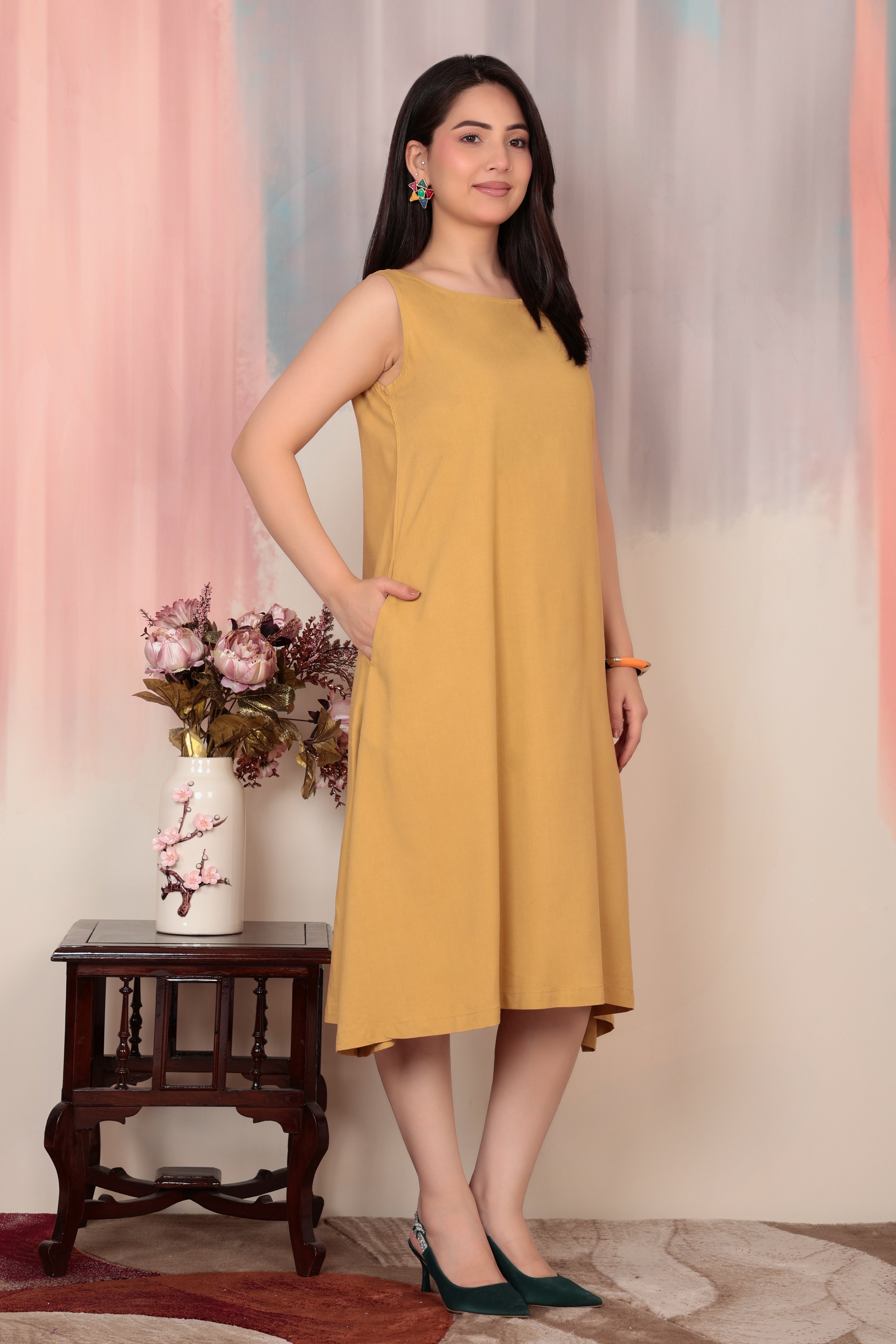Beige rayon flare dress with pocket [ Premium 100% Rayon, Liva Certified ]