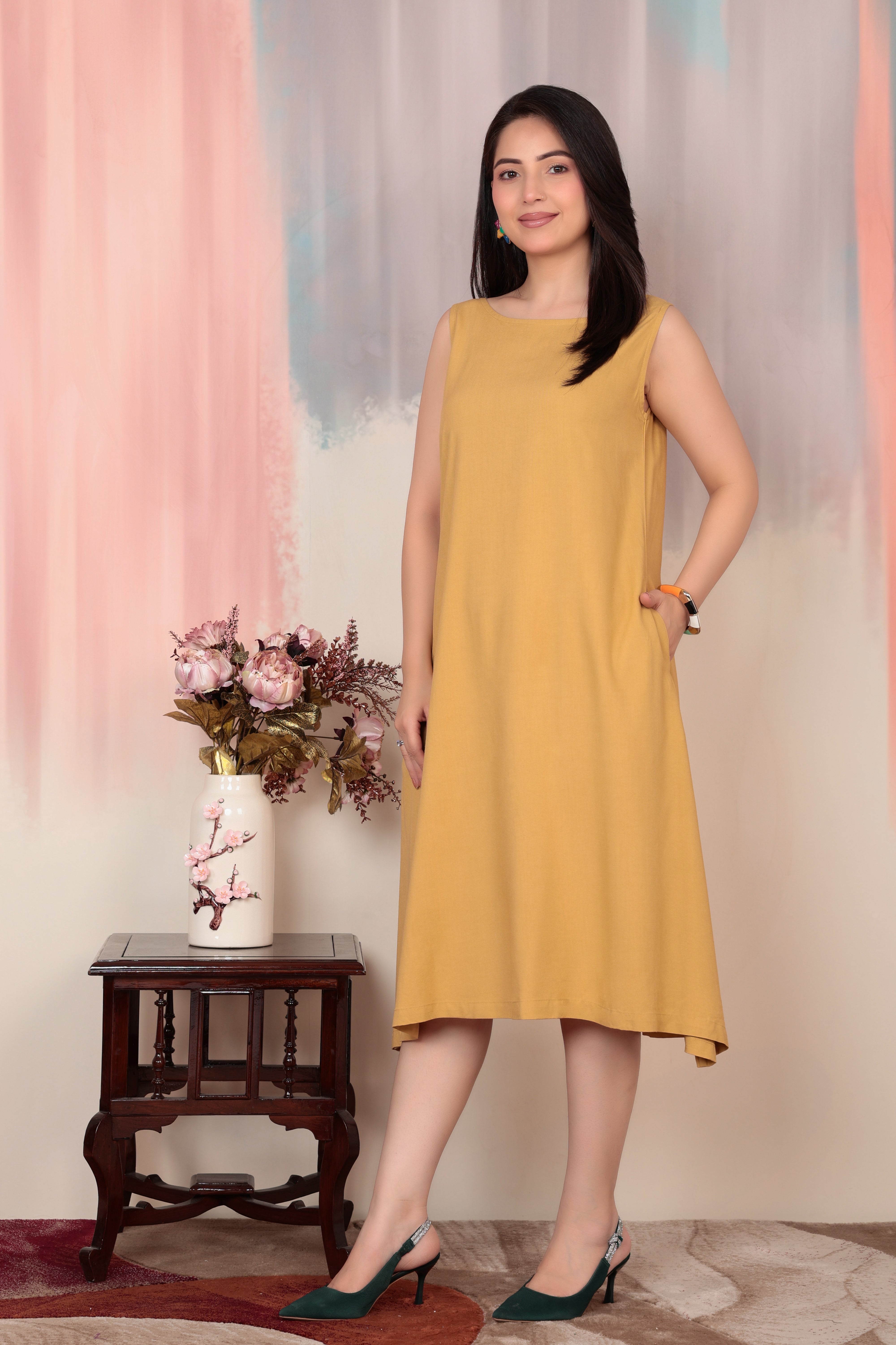 Beige rayon flare dress with pocket [ Premium 100% Rayon, Liva Certified ]
