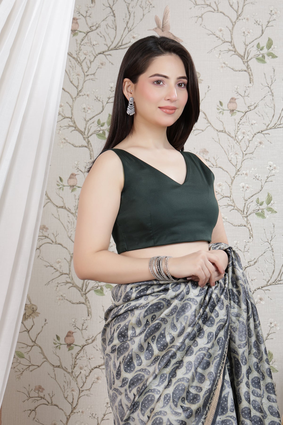 Bottle green v neck cotton blouse made from premium cotton