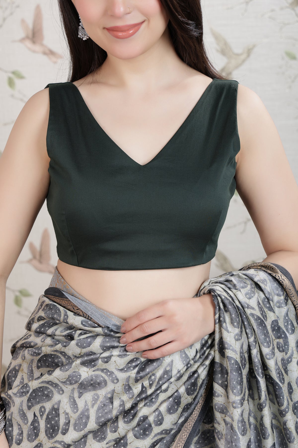 Bottle green v neck cotton blouse made from premium cotton
