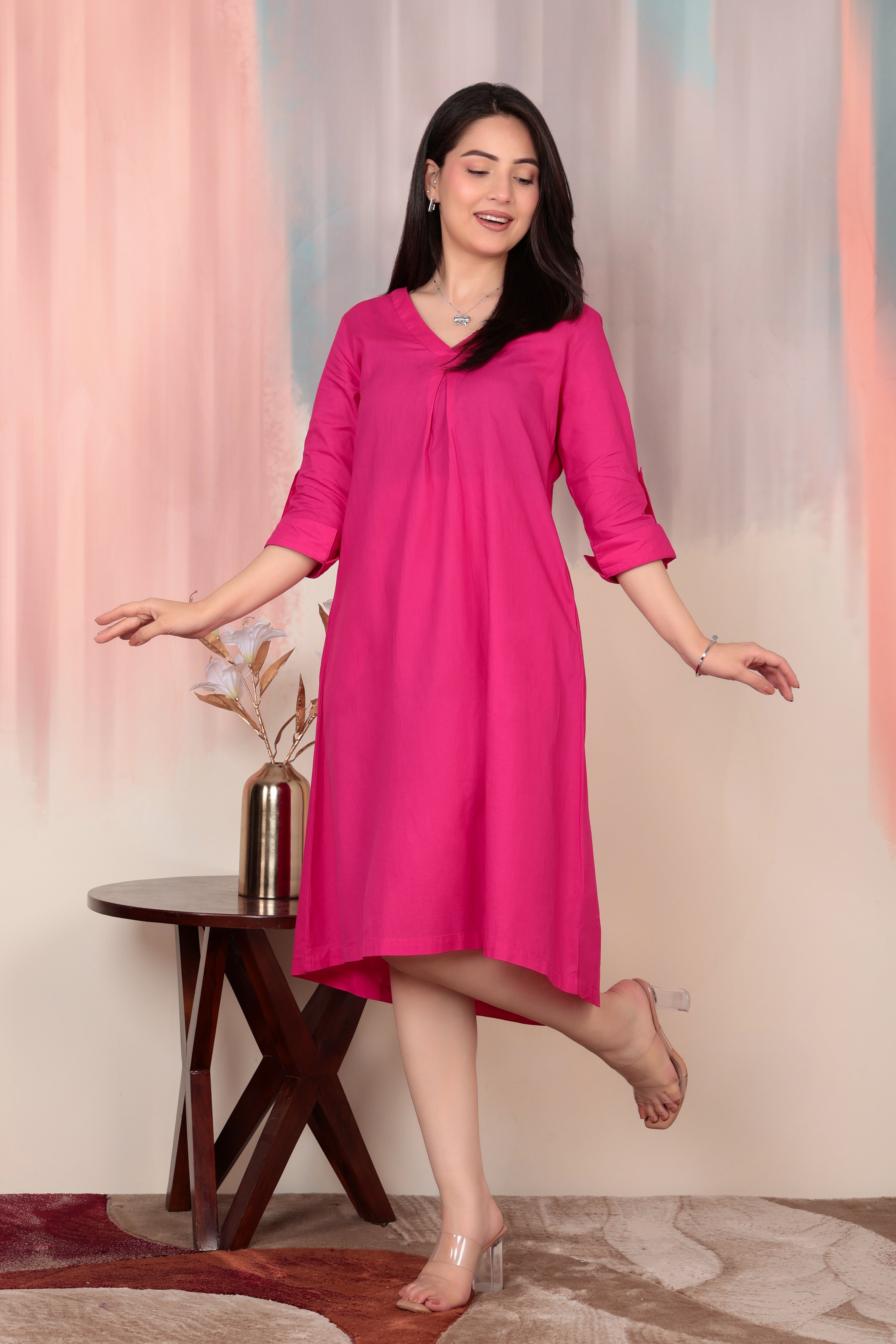 Magenta v-neck pleated dress with sleeves [100% pure cotton]