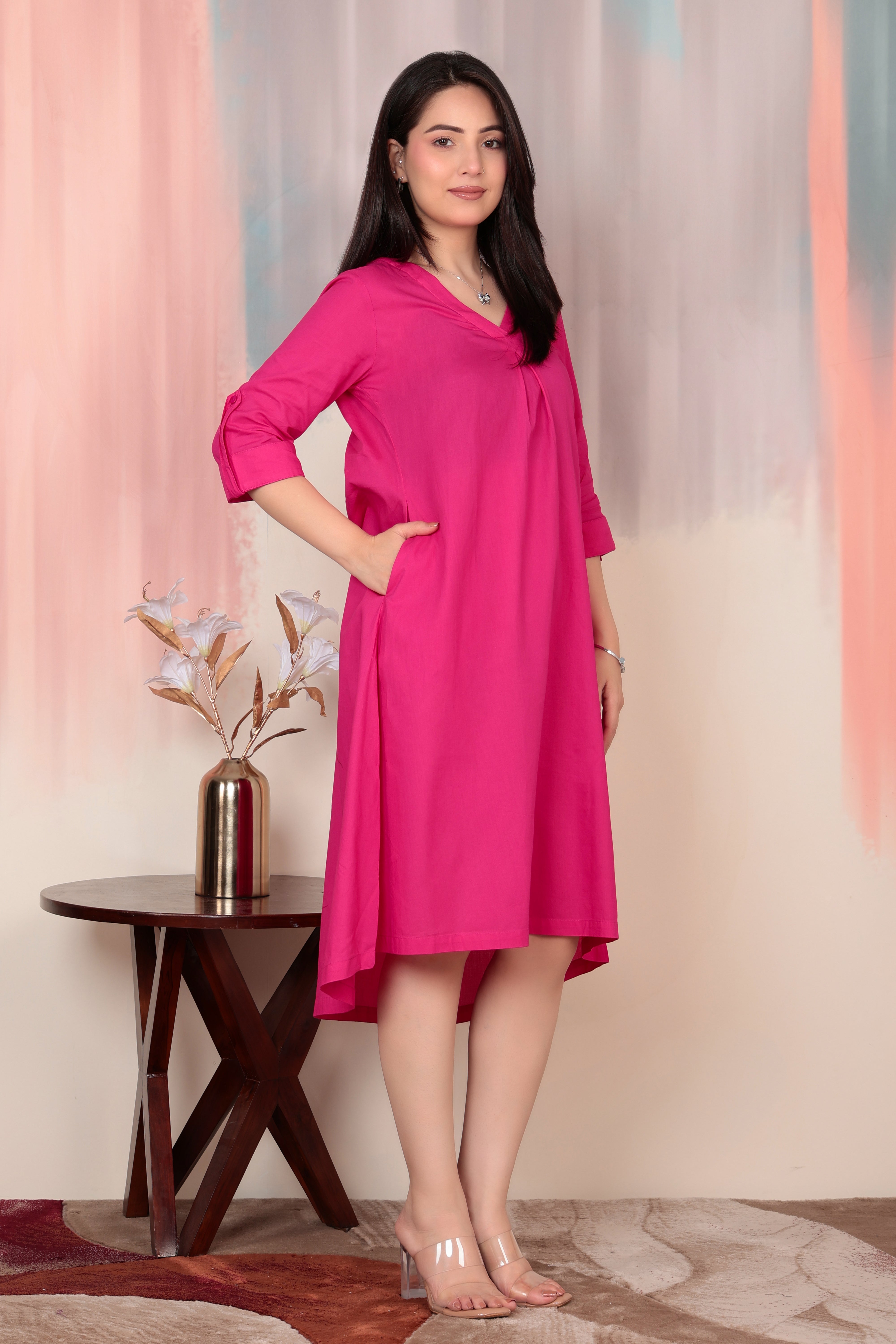 Magenta v-neck pleated dress with sleeves [100% pure cotton]