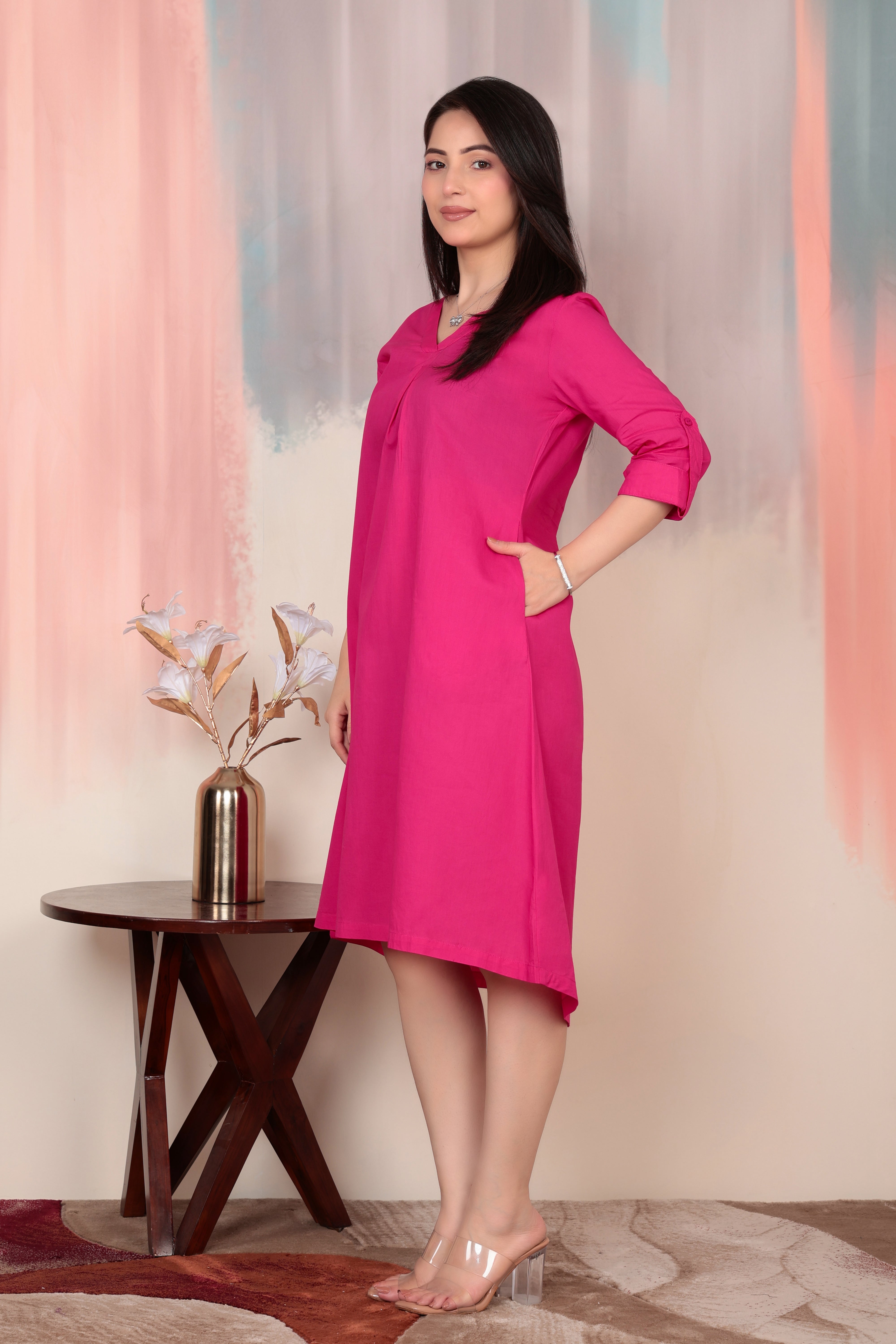 Magenta v-neck pleated dress with sleeves [100% pure cotton]