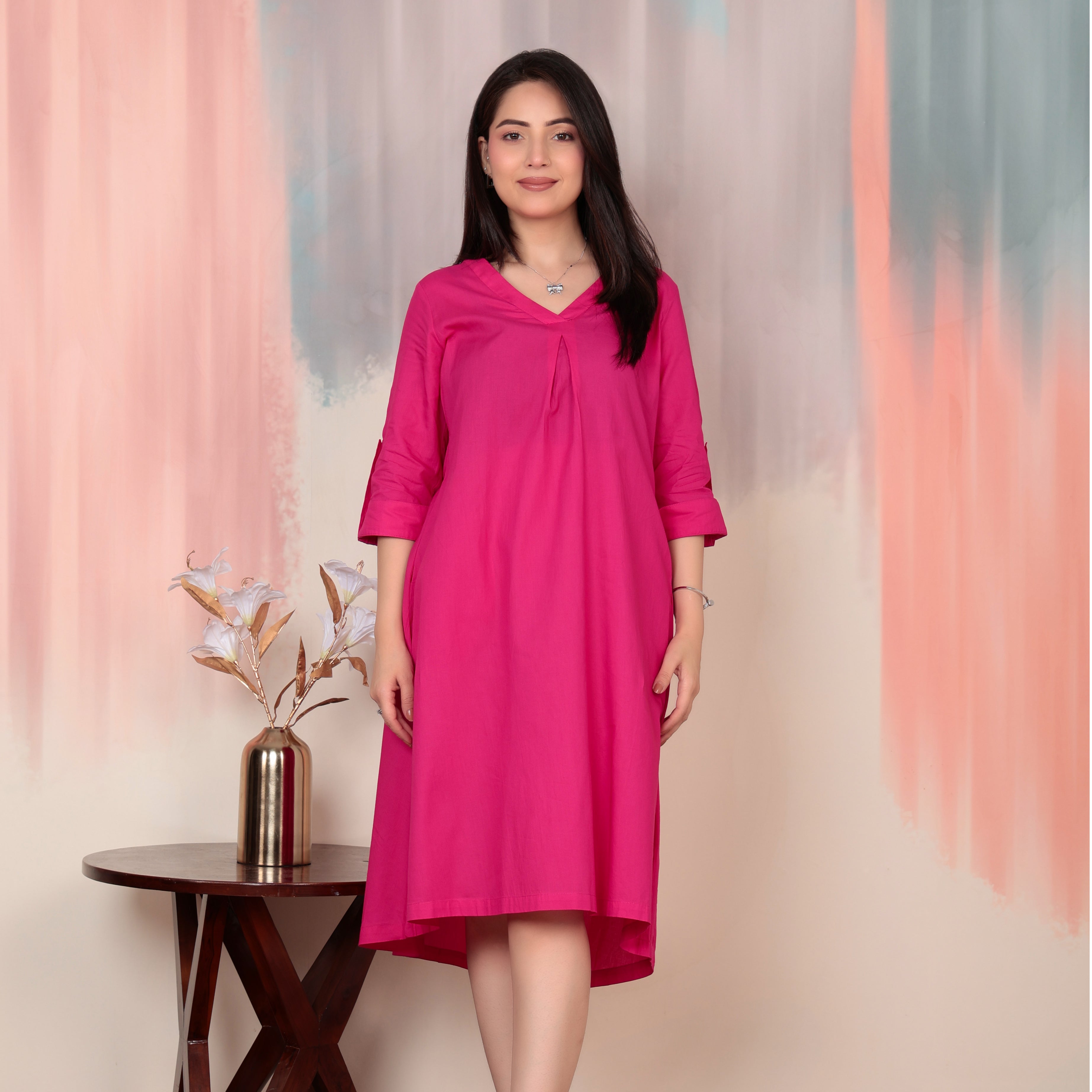 Magenta v-neck pleated dress with sleeves [100% pure cotton]