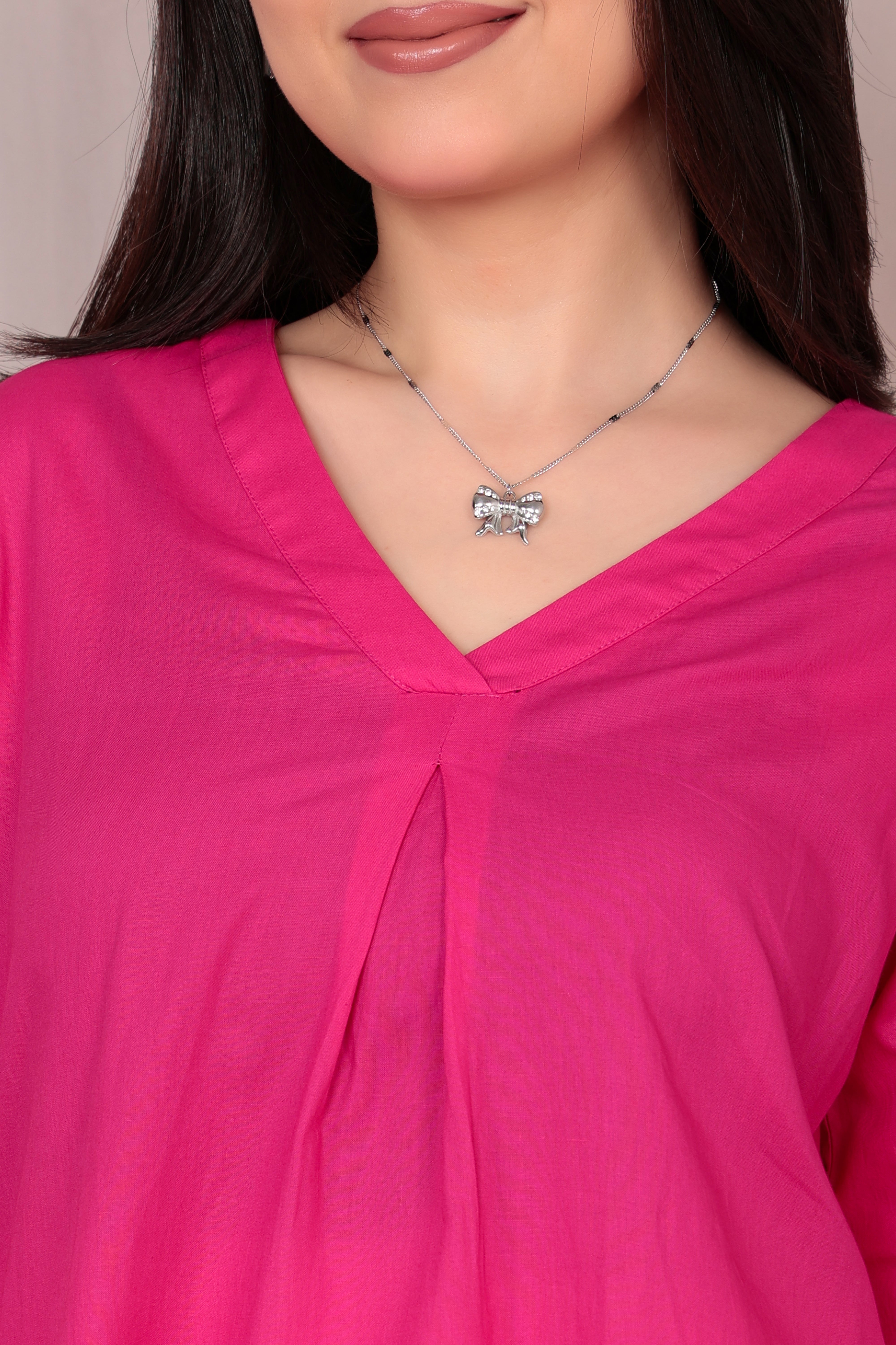 Magenta v-neck pleated dress with sleeves [100% pure cotton]