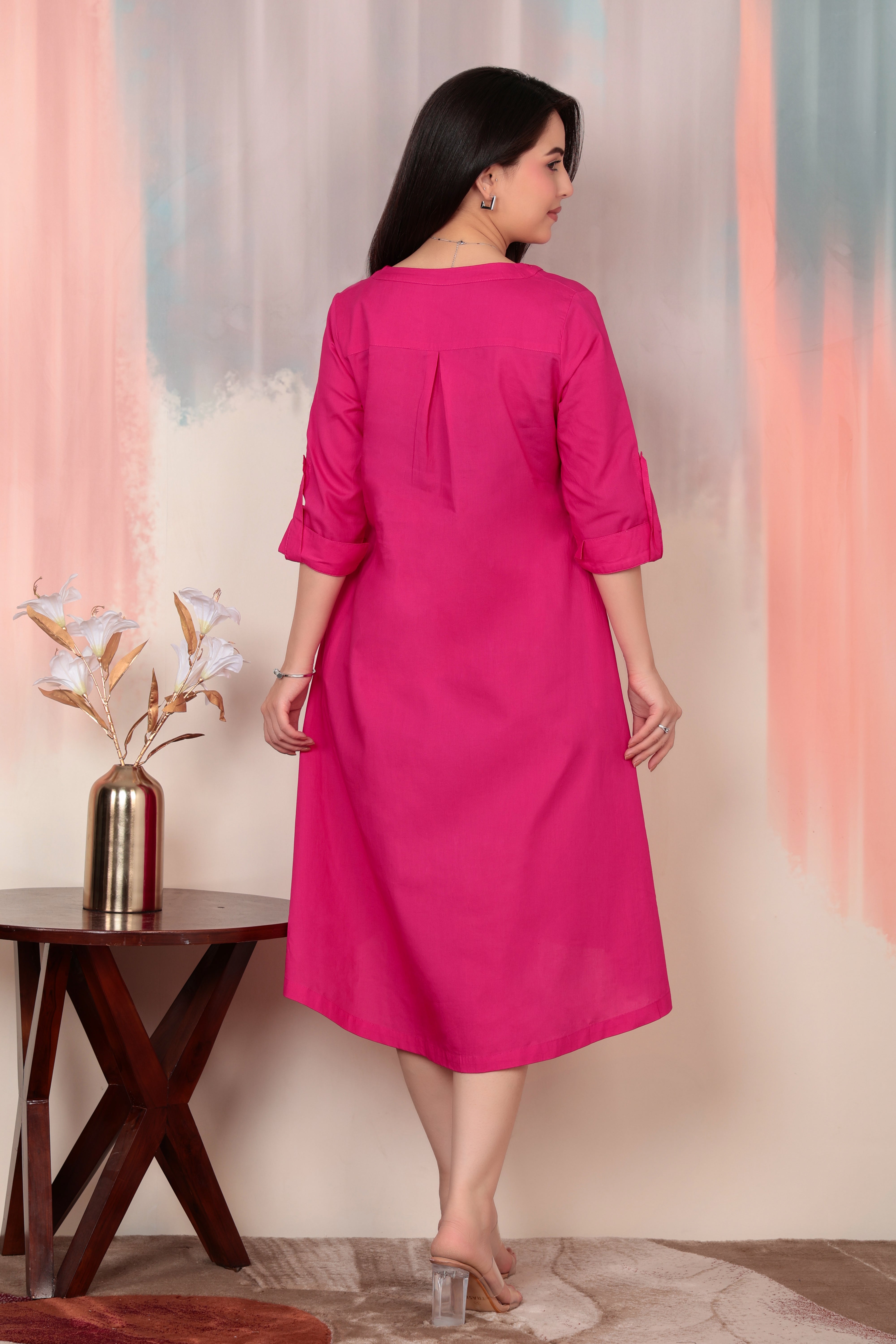 Magenta v-neck pleated dress with sleeves [100% pure cotton]