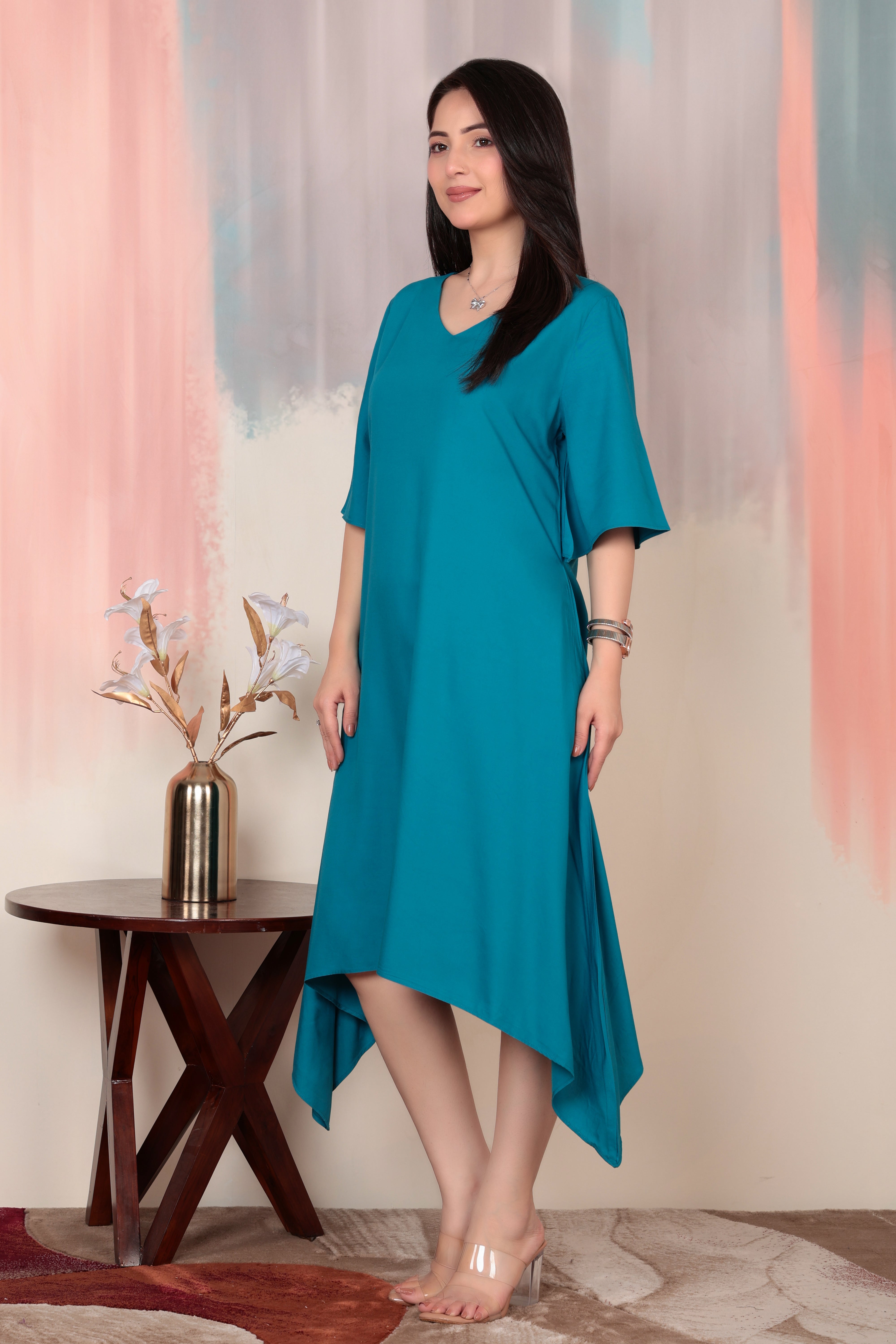 Turquoise blue v-neck line dress with sleeves [ Premium 100% Rayon, Liva Certified ]