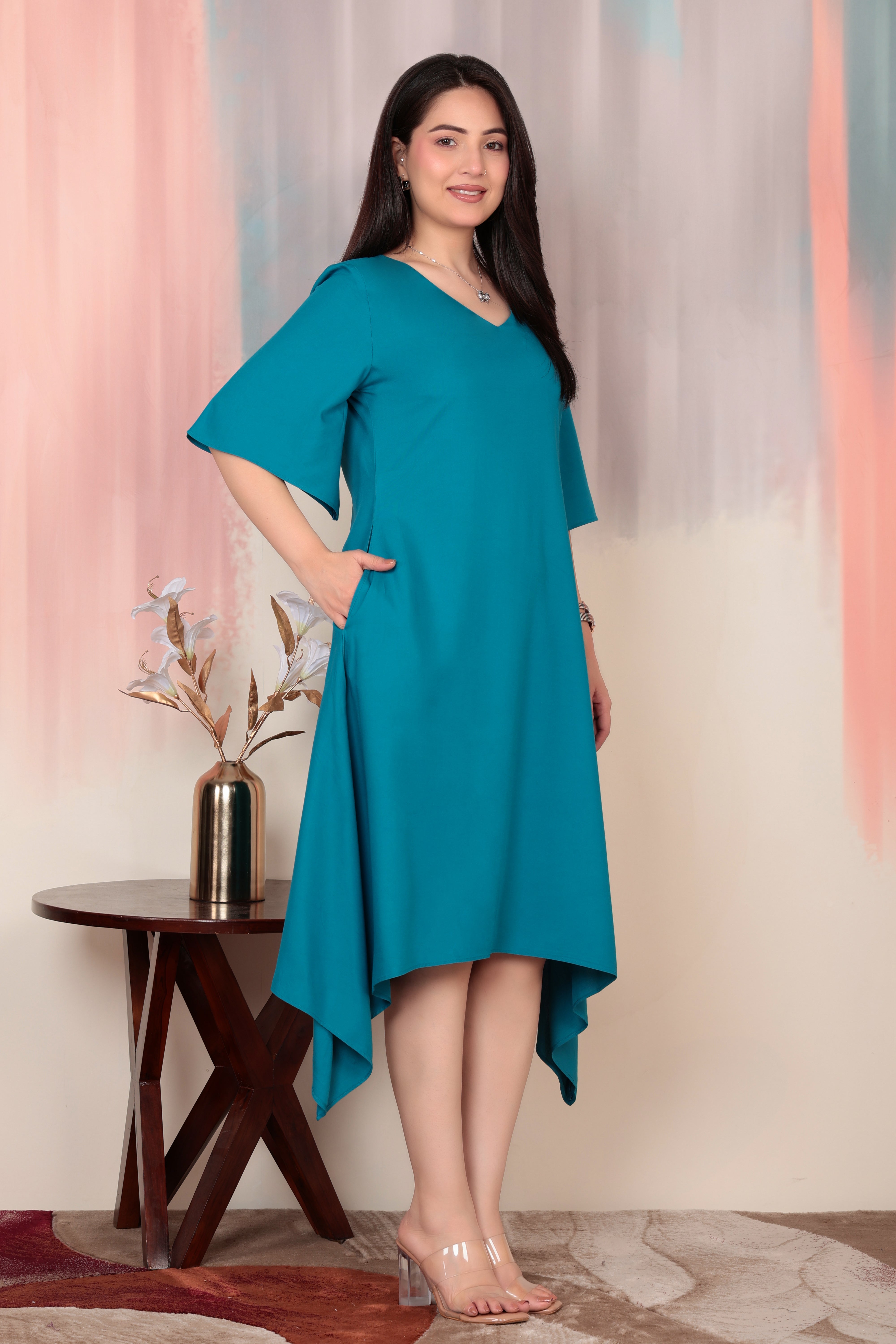 Turquoise blue v-neck line dress with sleeves [ Premium 100% Rayon, Liva Certified ]
