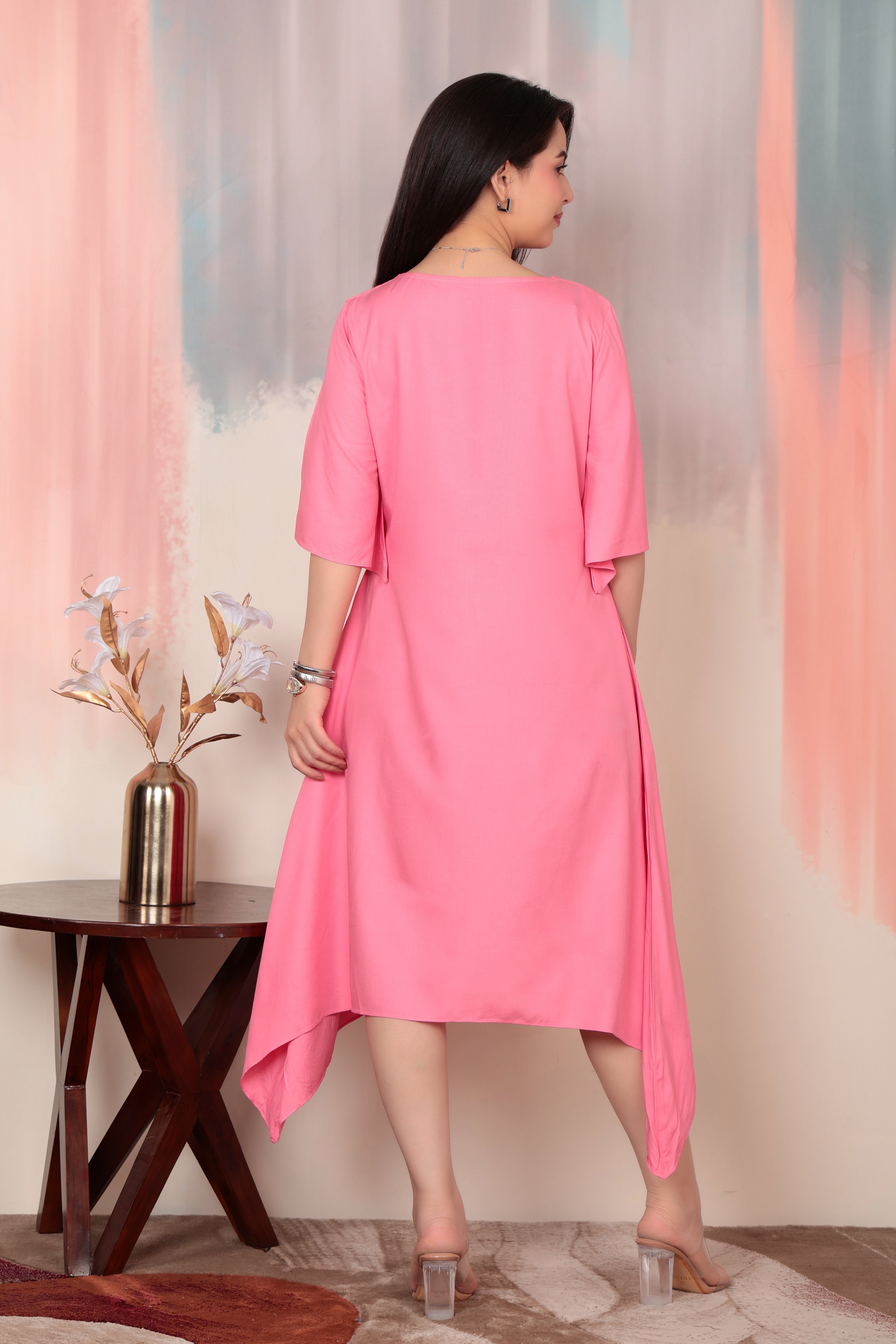 Georgia Peach v-neck line dress with sleeves [ Premium 100% Rayon, Liva Certified ]