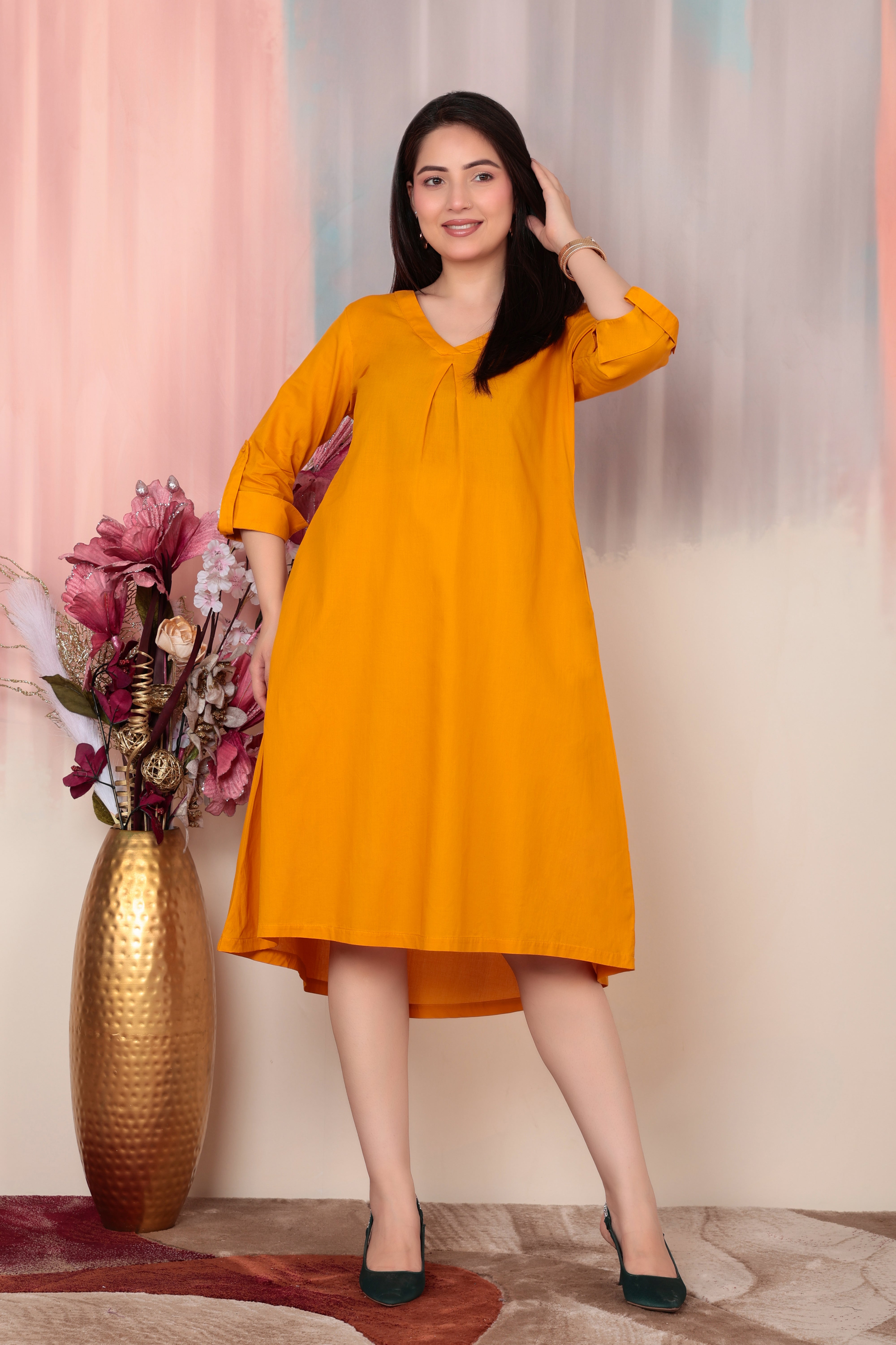 Mustard v-neck pleated dress with sleeves [100% pure cotton]