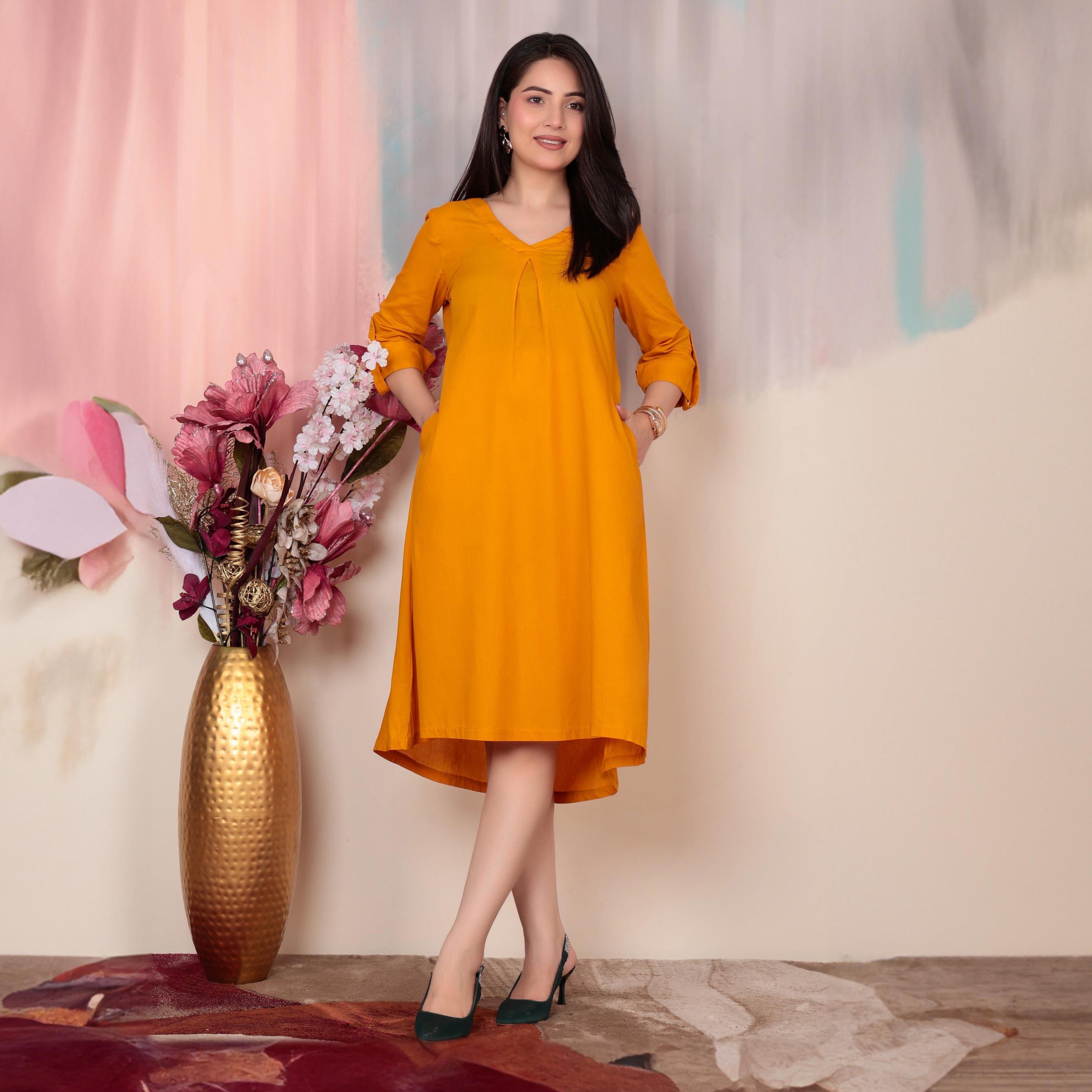 Mustard v-neck pleated dress with sleeves [100% pure cotton]