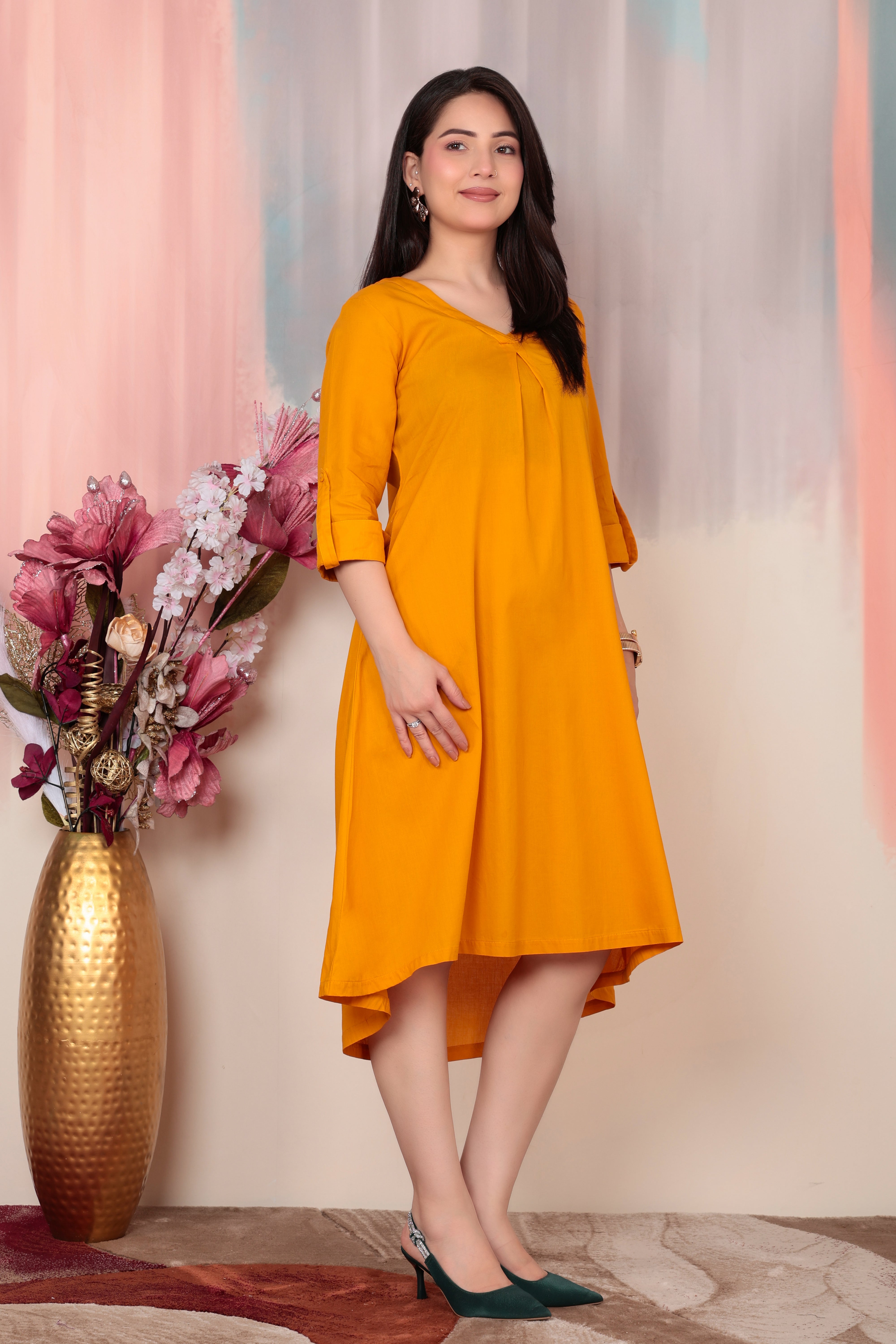 Mustard v-neck pleated dress with sleeves [100% pure cotton]