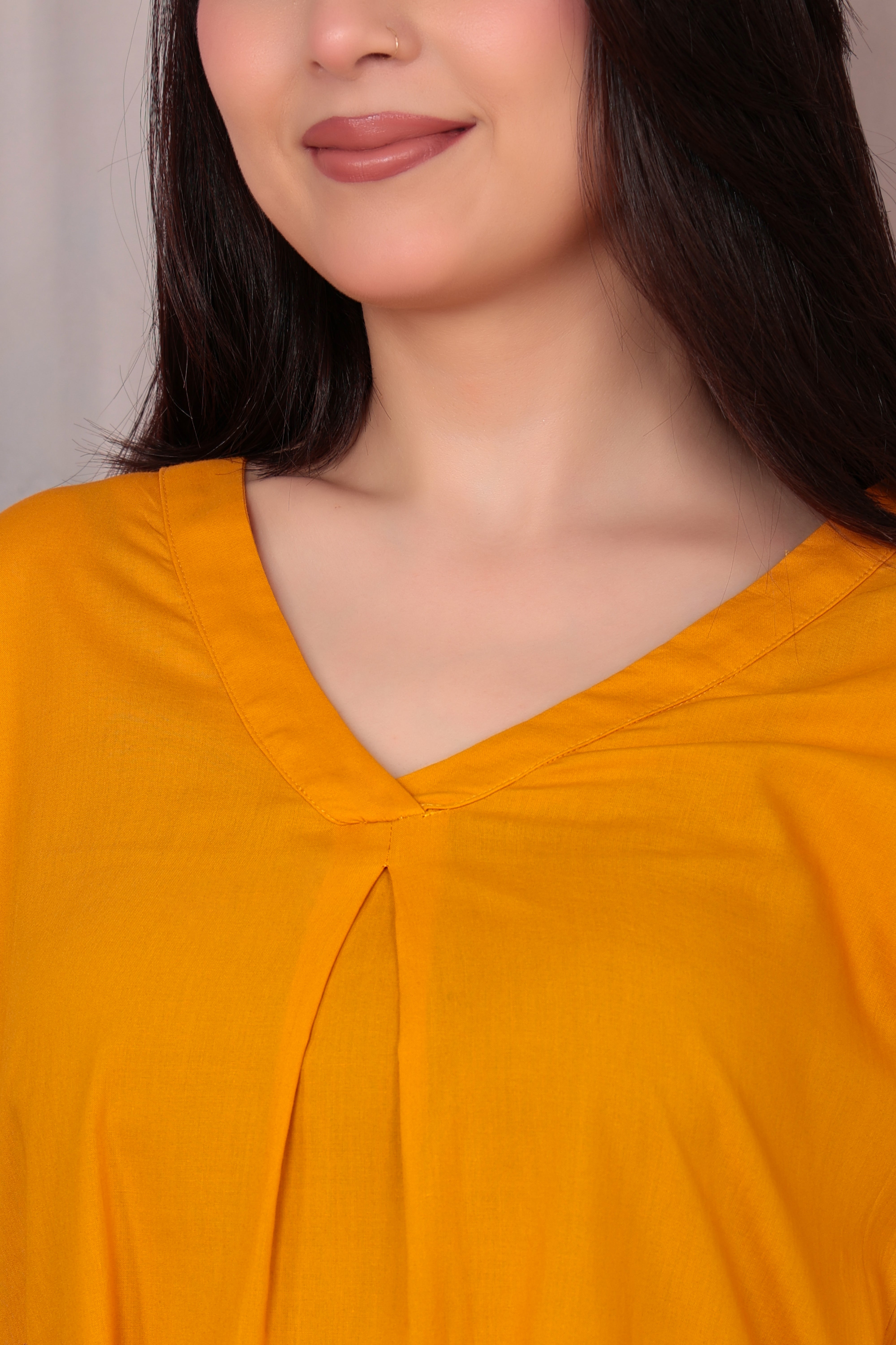 Mustard v-neck pleated dress with sleeves [100% pure cotton]