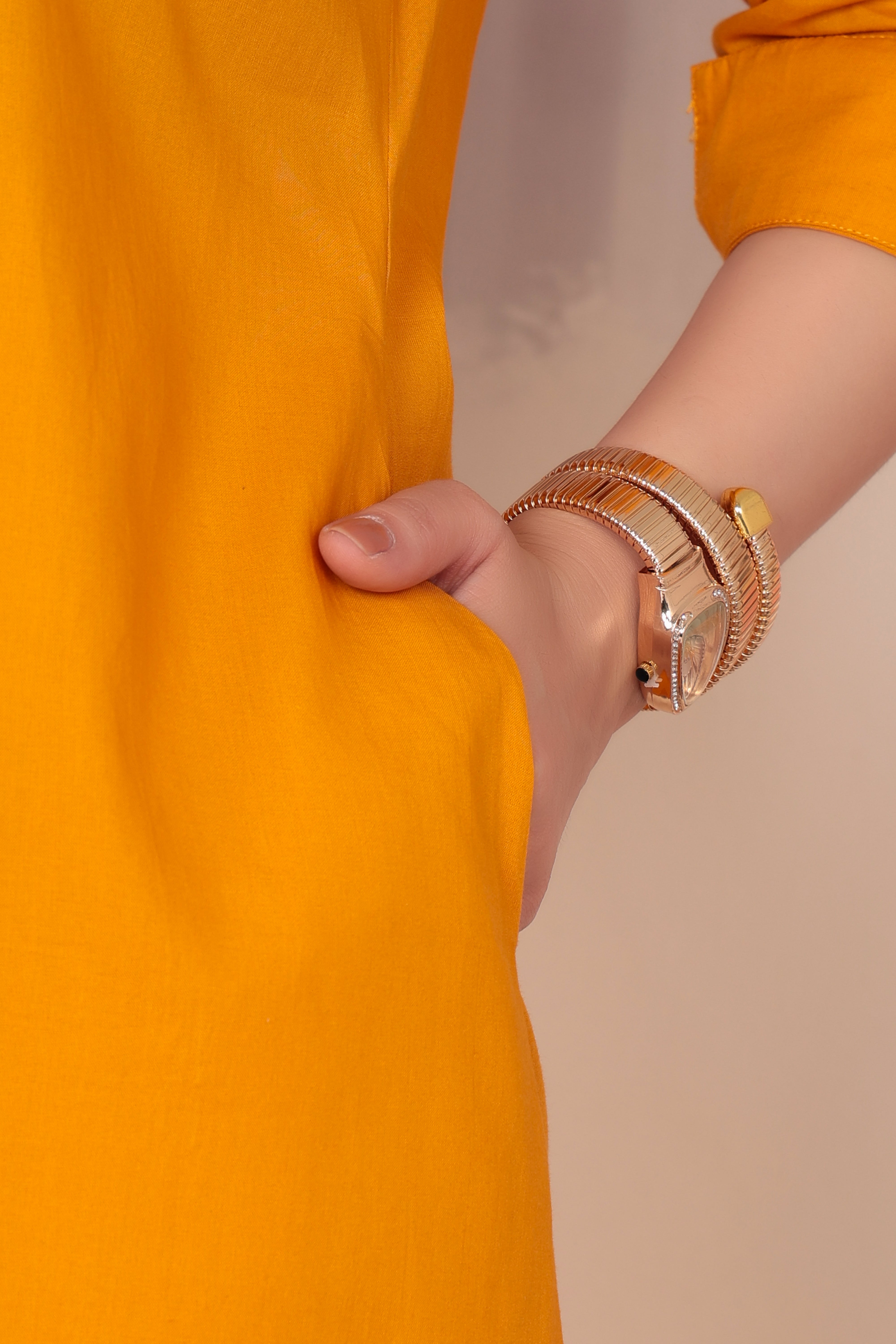Mustard v-neck pleated dress with sleeves [100% pure cotton]