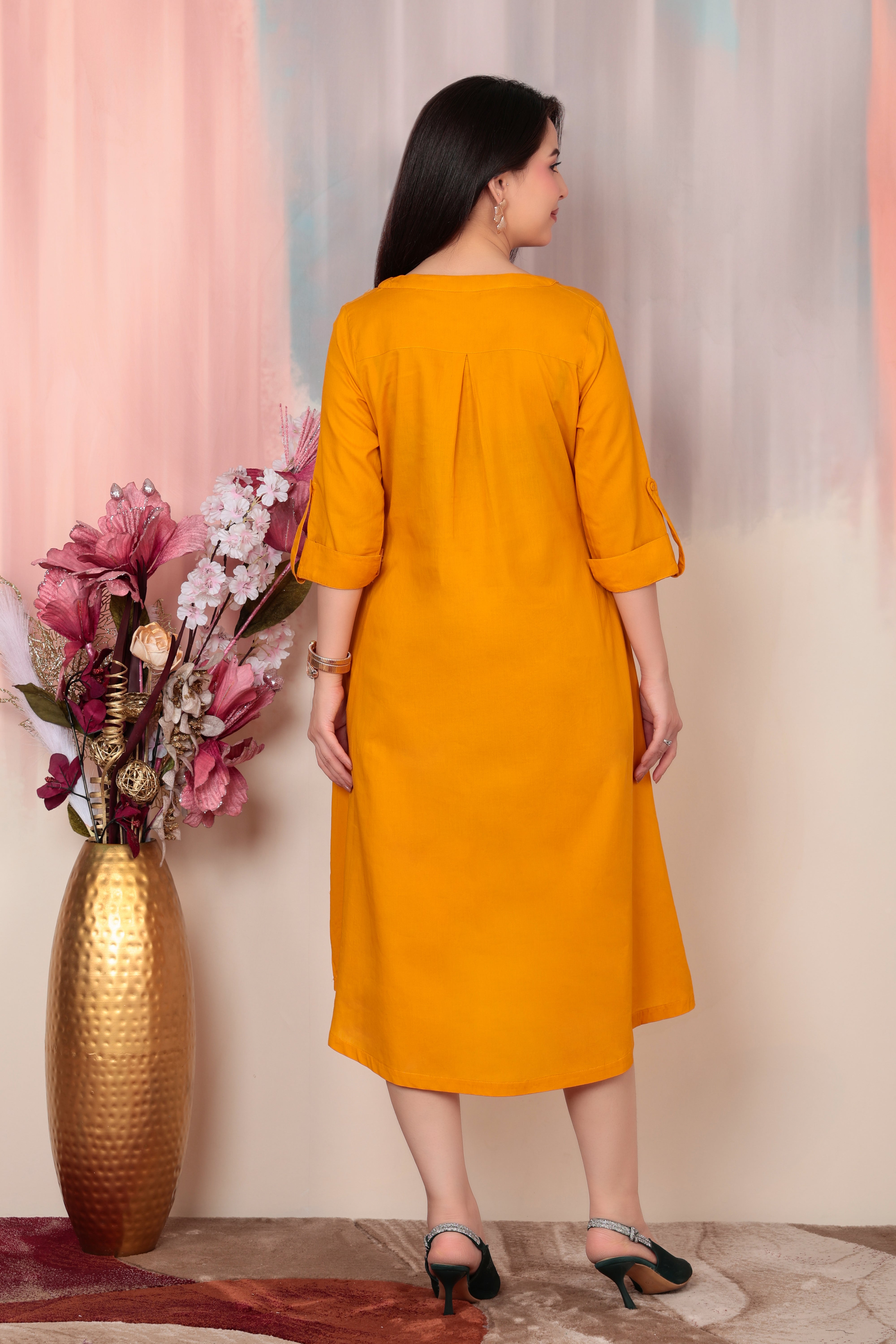 Mustard v-neck pleated dress with sleeves [100% pure cotton]