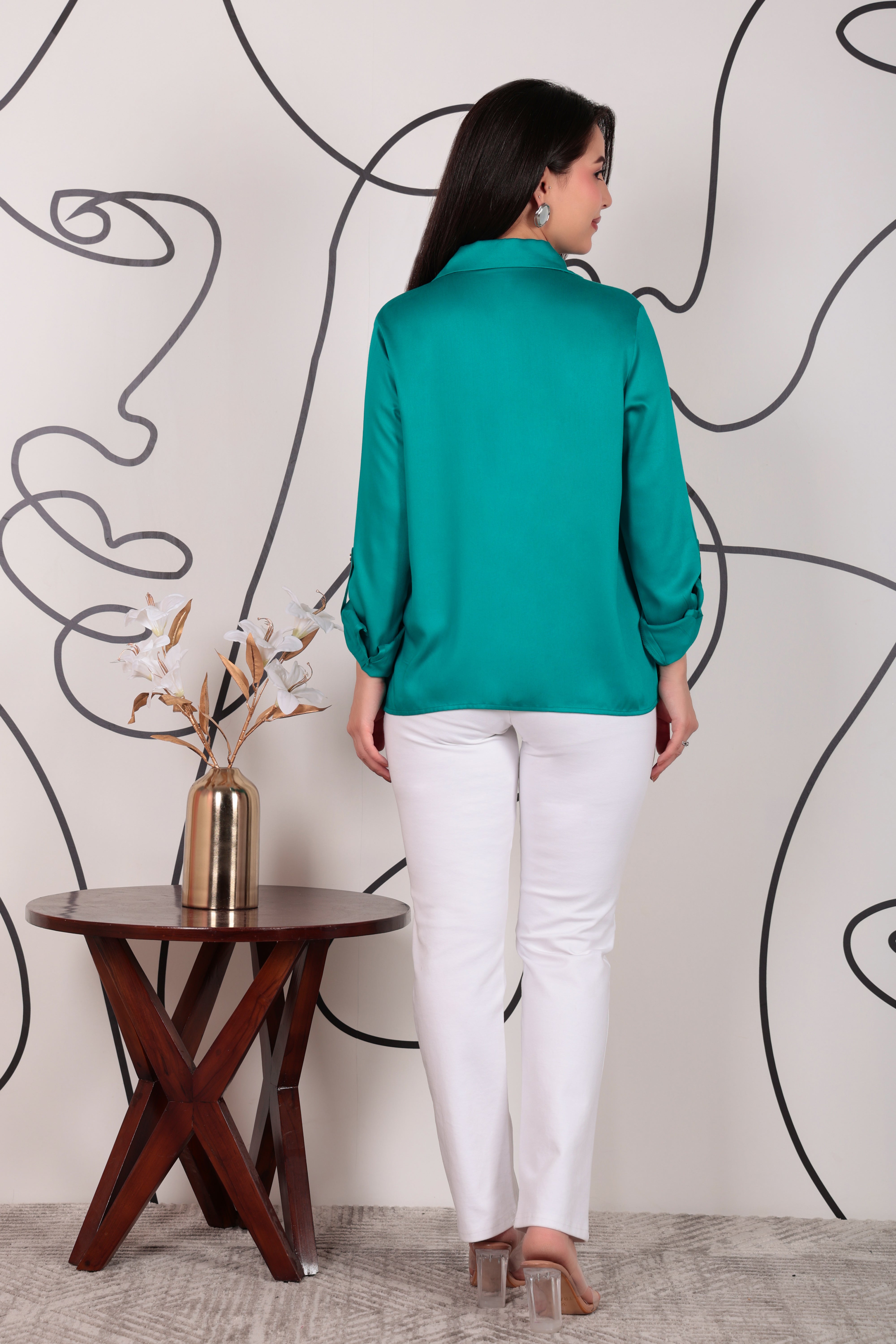 Teal Lapel collar satin top