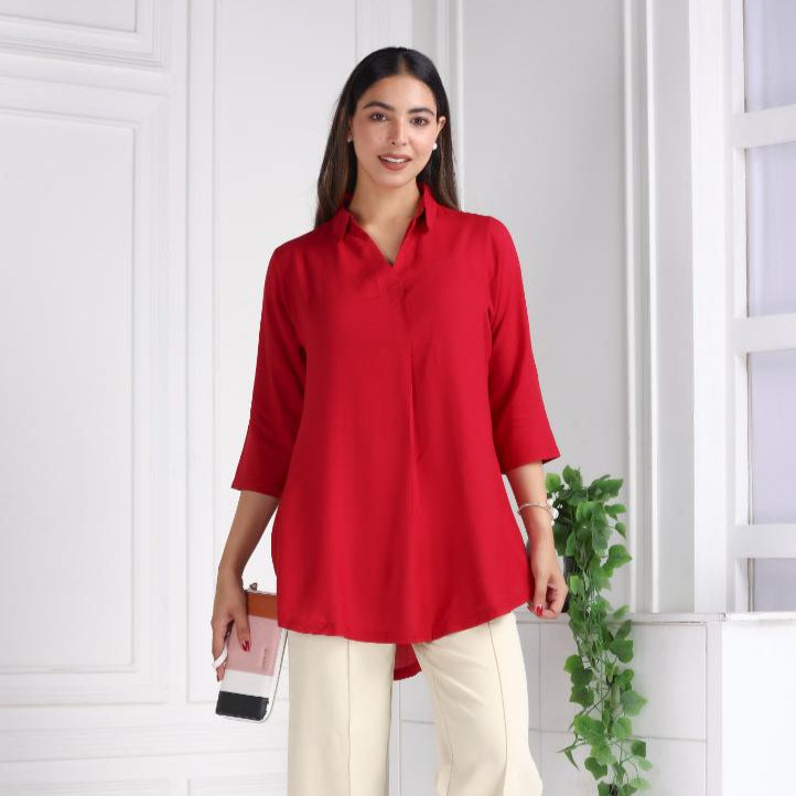 Red rayon flare top [ 100% Rayon, Liva Certified ]