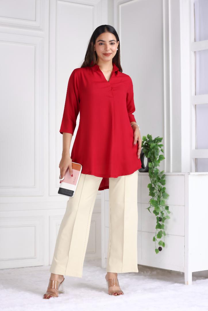 Red rayon flare top [ 100% Rayon, Liva Certified ]