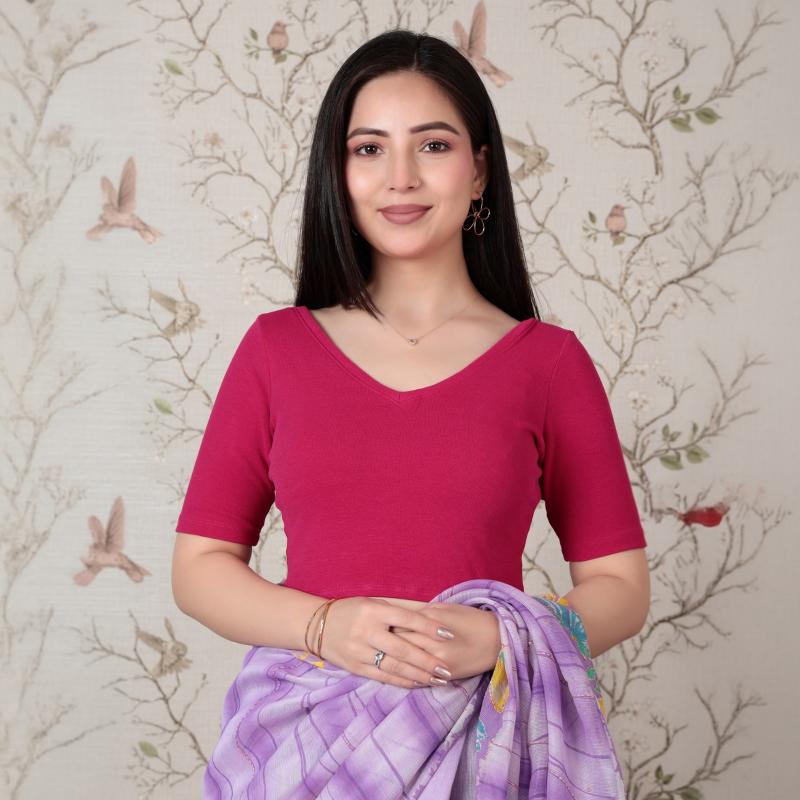 Fuchsia Rib V Neck Half Sleeve Blouse [ 100% USA HQ Cotton, 280 GSM non transparent fabric ]