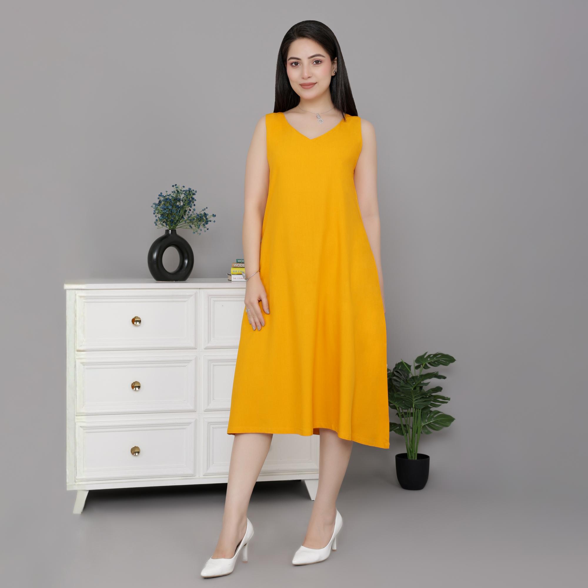 Mustard rayon line dress with pocket [ Premium 100% Rayon, Liva Certified ]