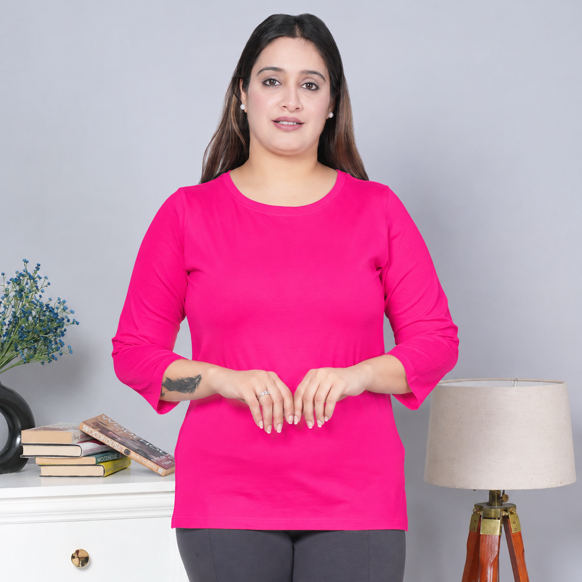 Fuchsia Round Neck Cotton Lycra 3/4 Sleeve T Shirt