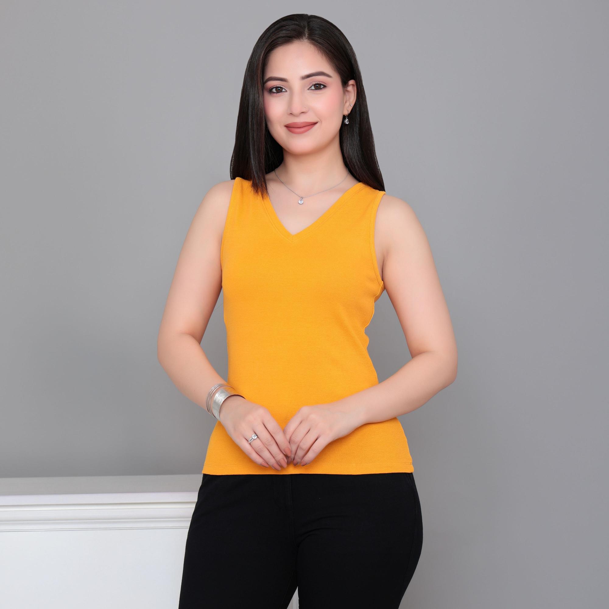 Mustard rib v-neck vest  [ 280 GSM non transparent fabric ]
