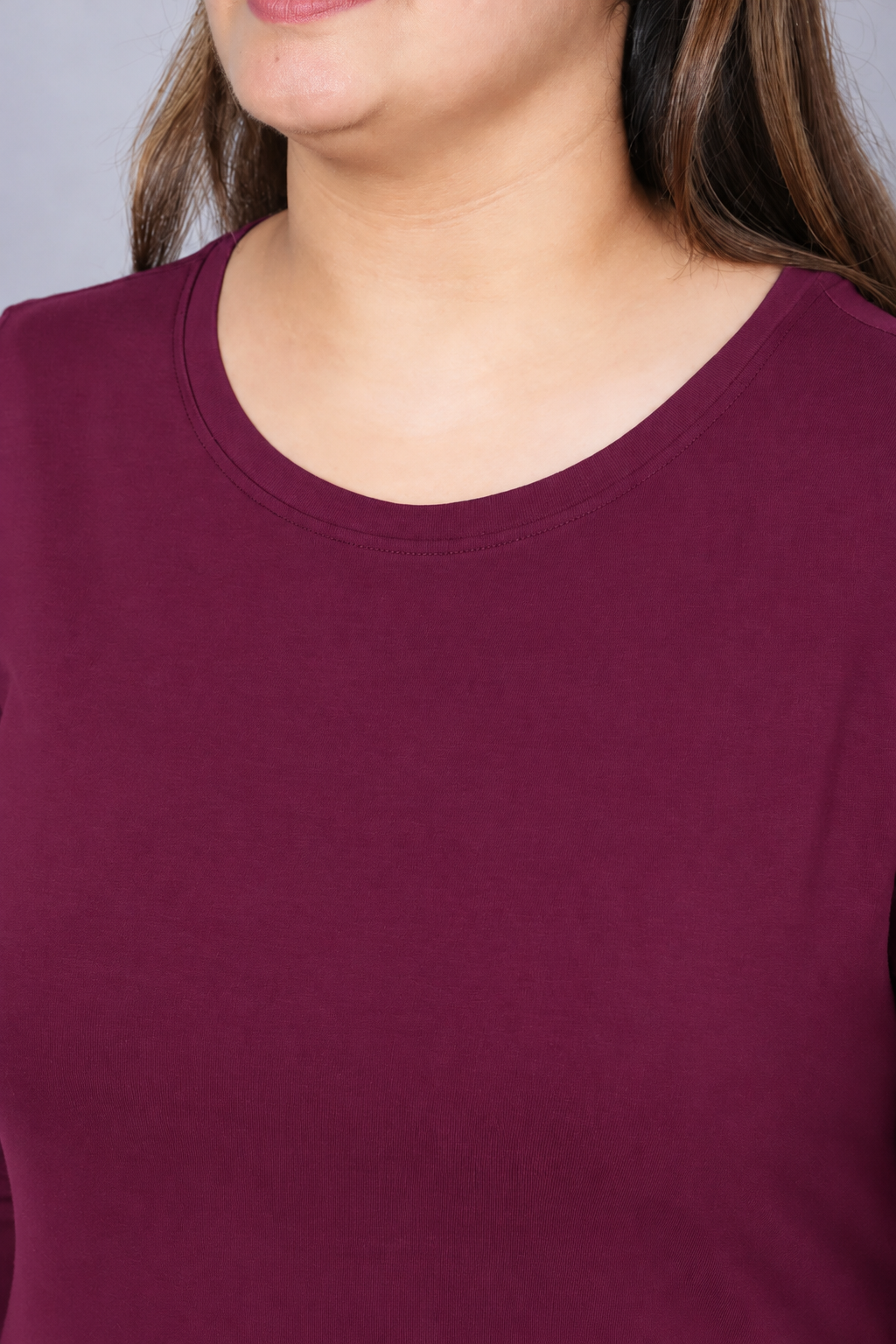 Plum Round Neck Cotton Lycra 3/4 Sleeve T Shirt
