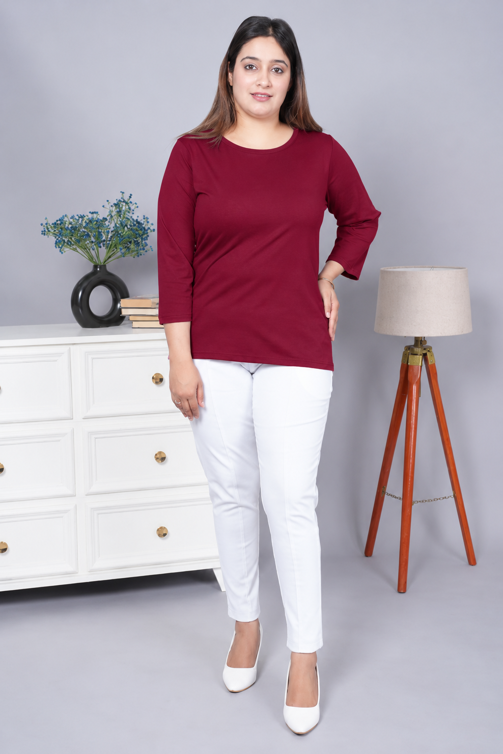 Wine Round Neck Cotton Lycra 3/4 Sleeve T Shirt
