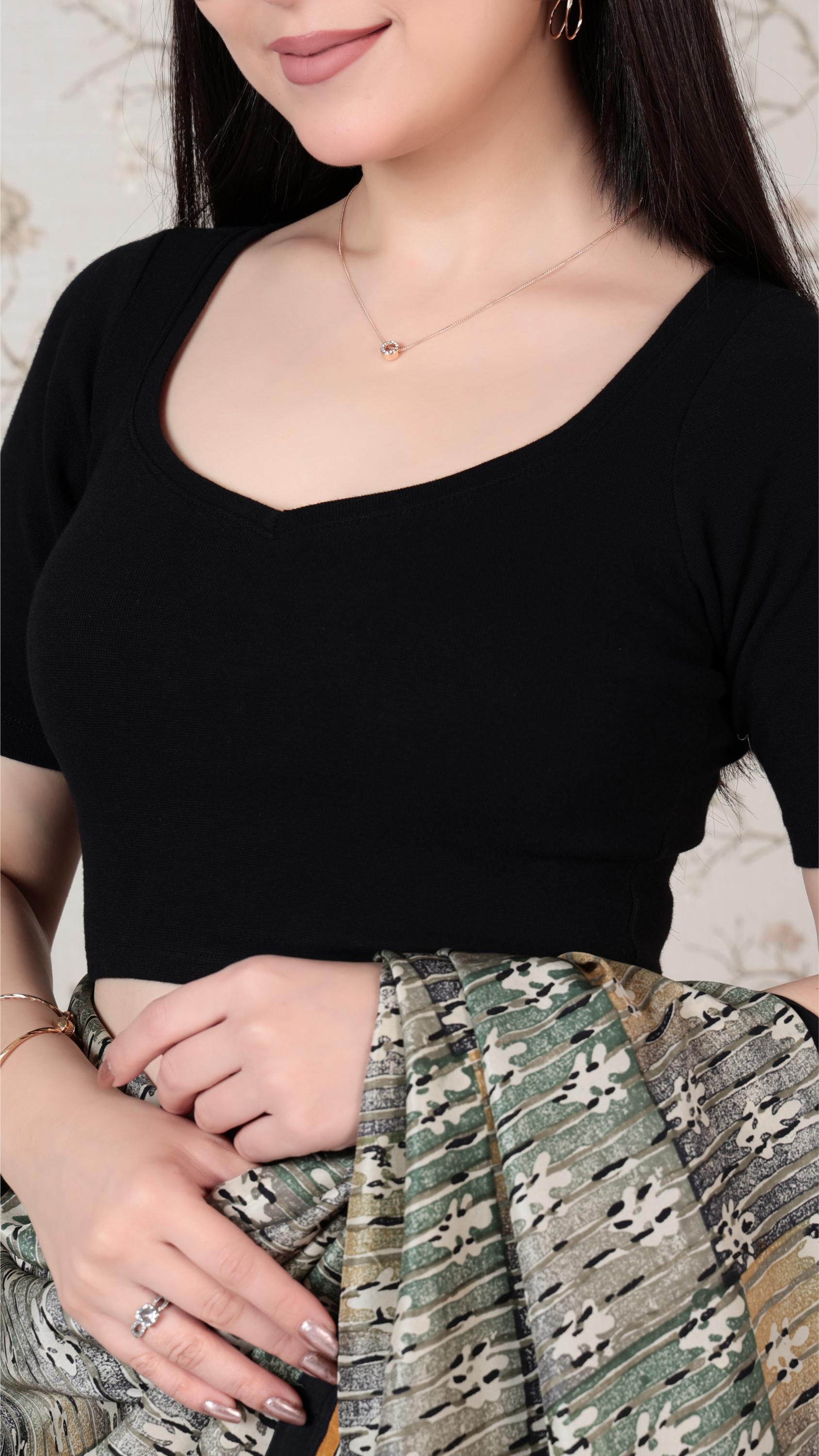 Black Rib Sweet Heart Neck Half Sleeve Blouse [ 100% USA HQ Cotton, 280 GSM non transparent fabric ]