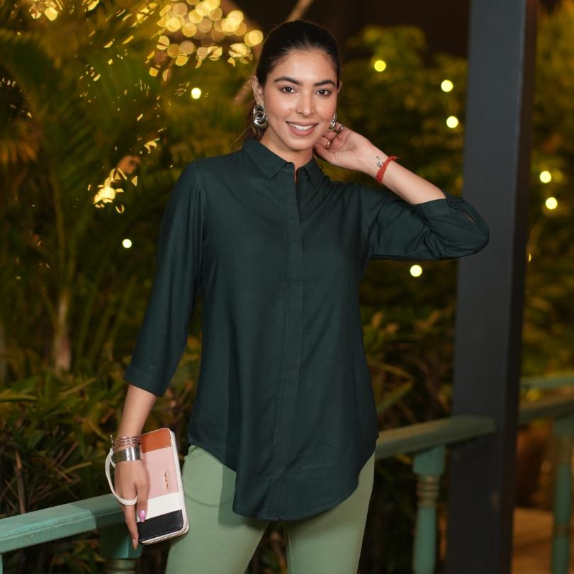 Bottle green long hemline shirt [ 100% Rayon, Liva Certified ]