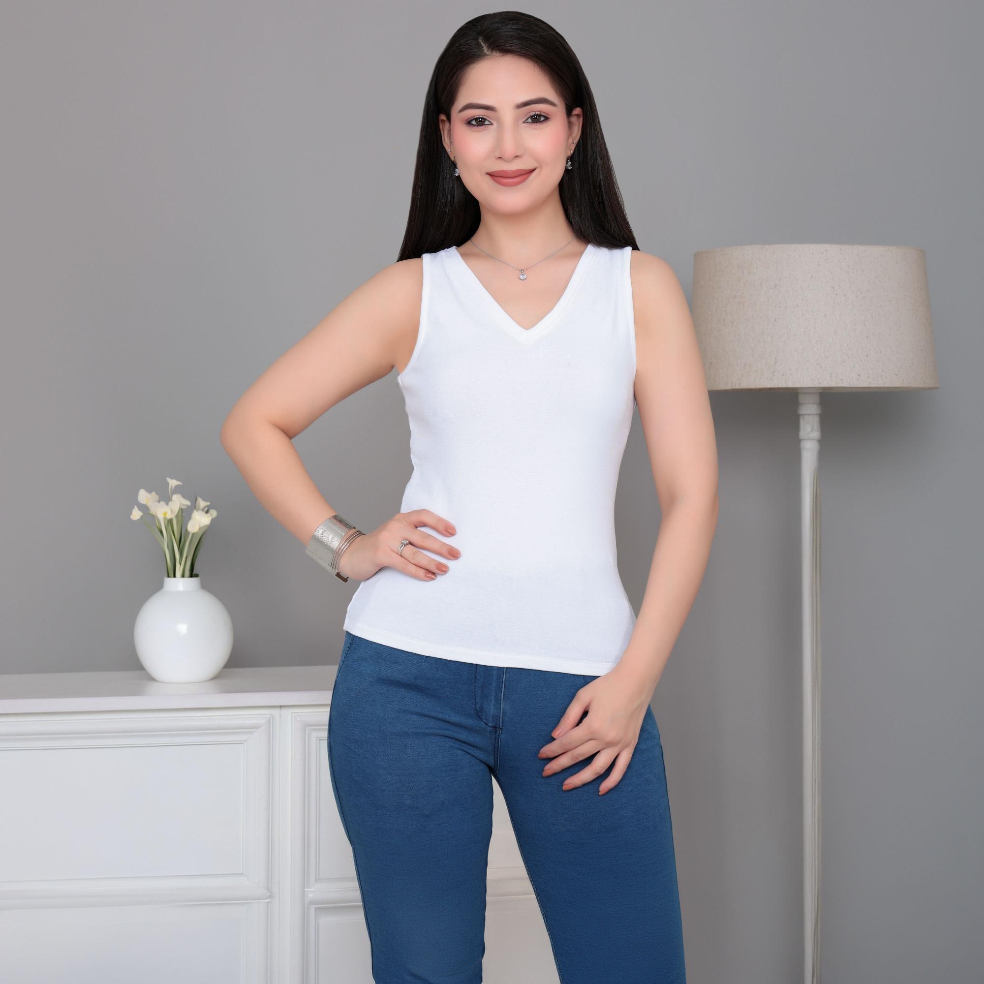 White rib v-neck vest  [ 280 GSM non transparent fabric ]