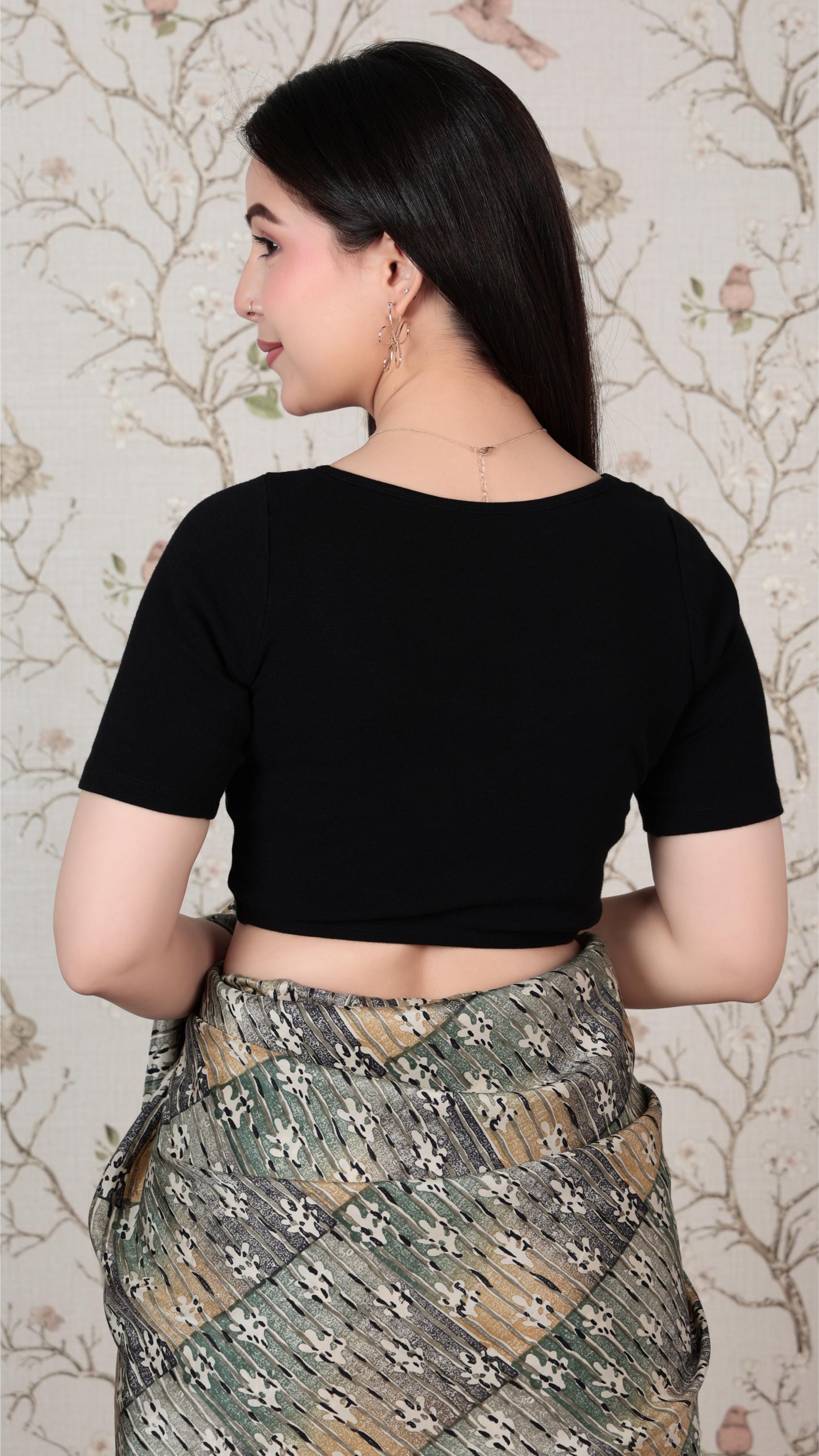 Black Rib Sweet Heart Neck Half Sleeve Blouse [ 100% USA HQ Cotton, 280 GSM non transparent fabric ]